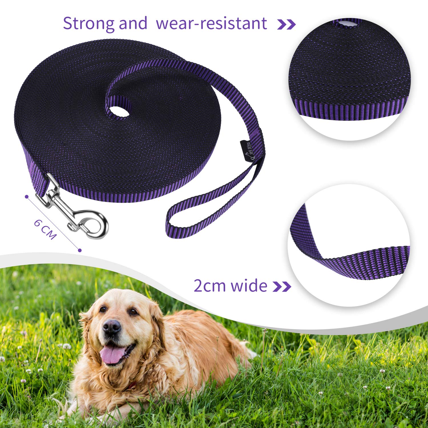 Hi Kiss Dog/Puppy Obedience Recall Training Agility Lead - 15Ft 20Ft 30Ft 50Ft 100Ft Training Leash - Great For Training, Play, Camping, Or Backyard(20Ft,Black_Purple)