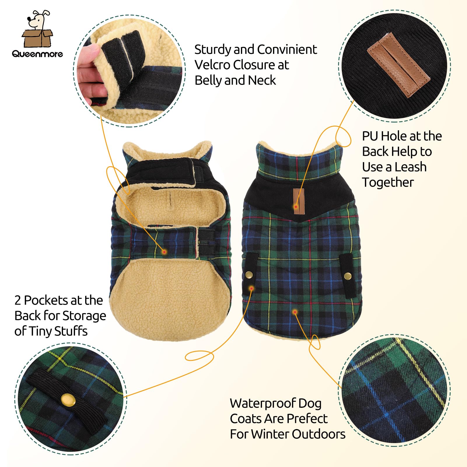 Queenmore Warm Dog Jacket For Cold Weather, Quilted Puffer Plaid Coat With Waterproofing, Fleece Padding, Leash Hole - Small/Med