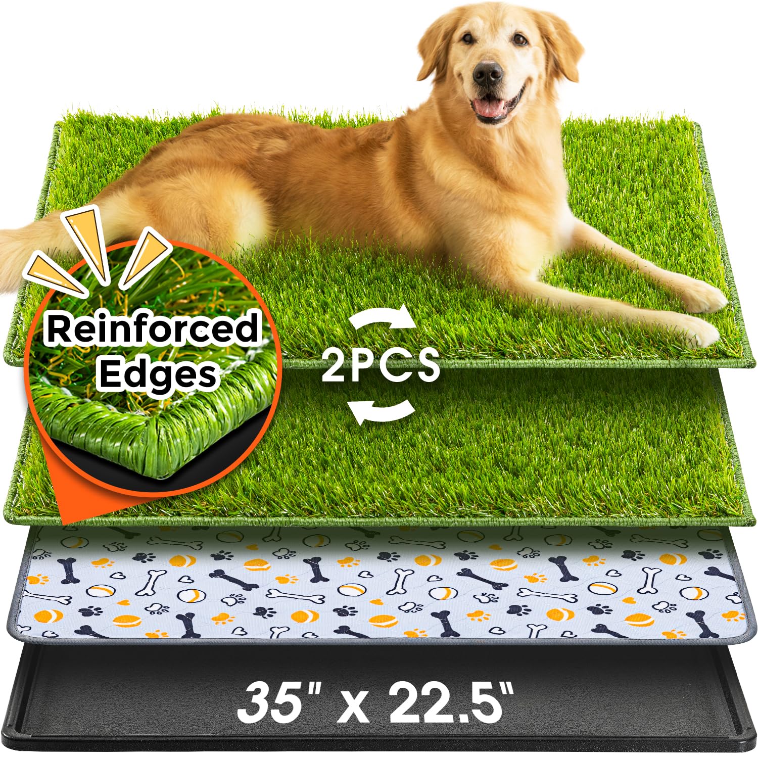 Hompet Dog Grass Pad With Tray Large, 35''X22.5'', 2 Reusable Artificial Turf For Dogs Potty, Waterproof Non-Slip Washable Pee P
