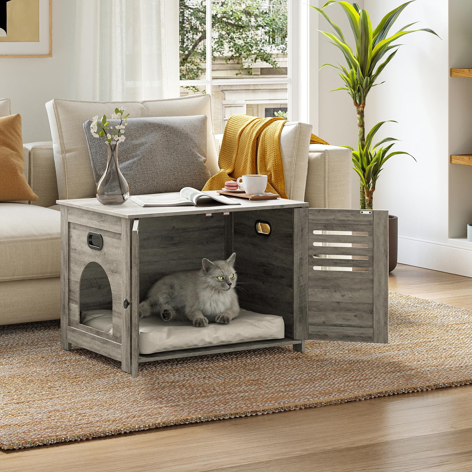 Dinzi Lvj Litter Box Enclosure, Cat Litter House With Louvered Doors, Entrance Can Be On Left Or Right Side, Spacious Hidden Washroom For Most Of Box, Furniture Cabinet, Gray Wash