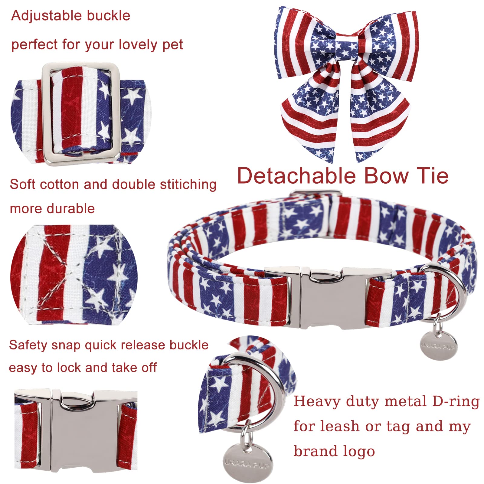Up Urara Pup Patriotic Dog Collar With Bow Tie, 4Th Of July Bowtie Dog Collar, American Flag Collar For Small Boy Girl Dog, Comf