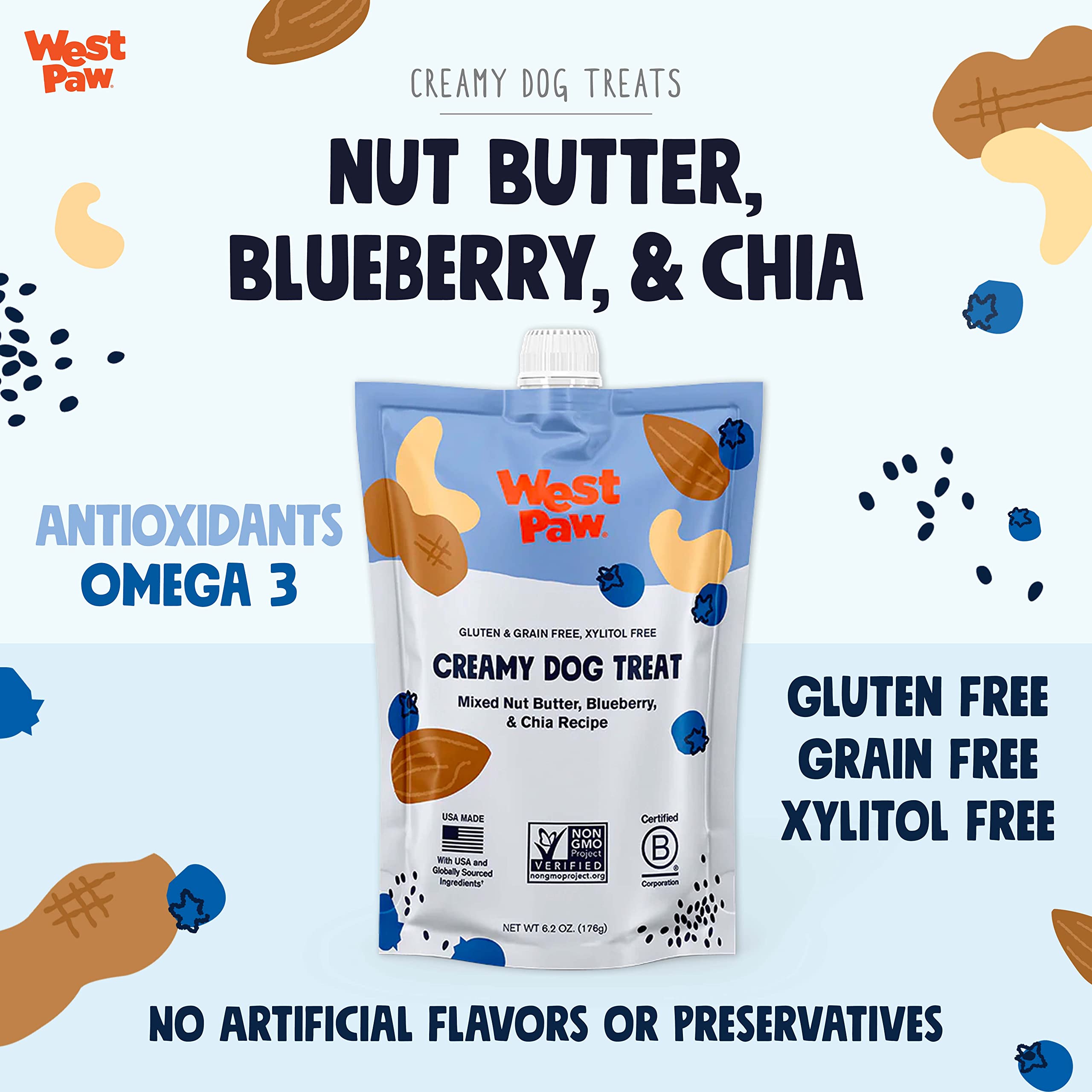 WEST PAW Creamy Treats Nut Butter, Blueberry, Chia Seed 6.2 Oz