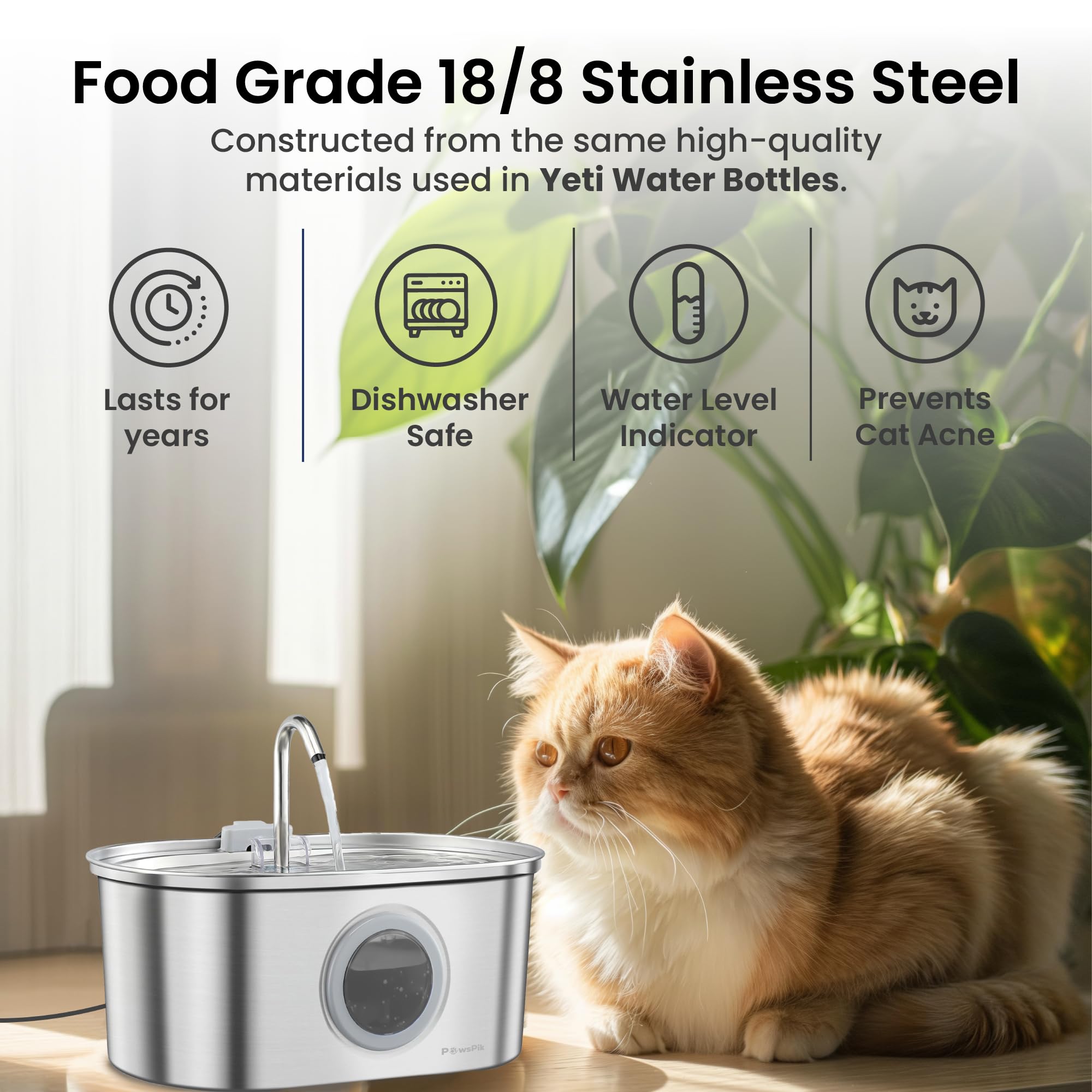 Pawspik Stainless Steel Cat Water Fountain, 108 Oz/3.2 L Automatic Cat & Dog Water Dispenser With Detachable Tank, Quiet Pump