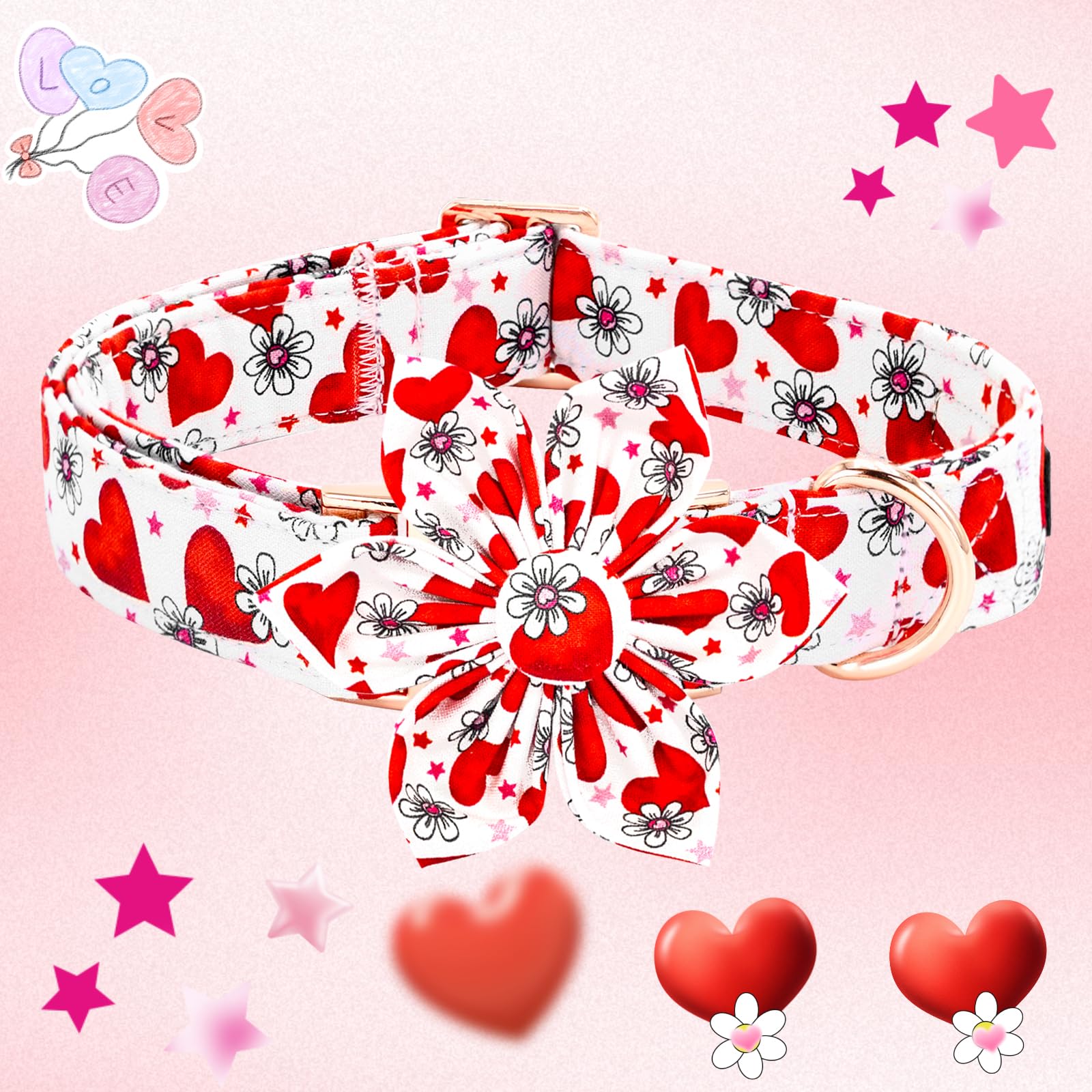 Elegant little tail Valentine's Dog Collar with Flower, Cute Flower with Heart Dog Collar Holiday Female Adjustable Cotton Pet C