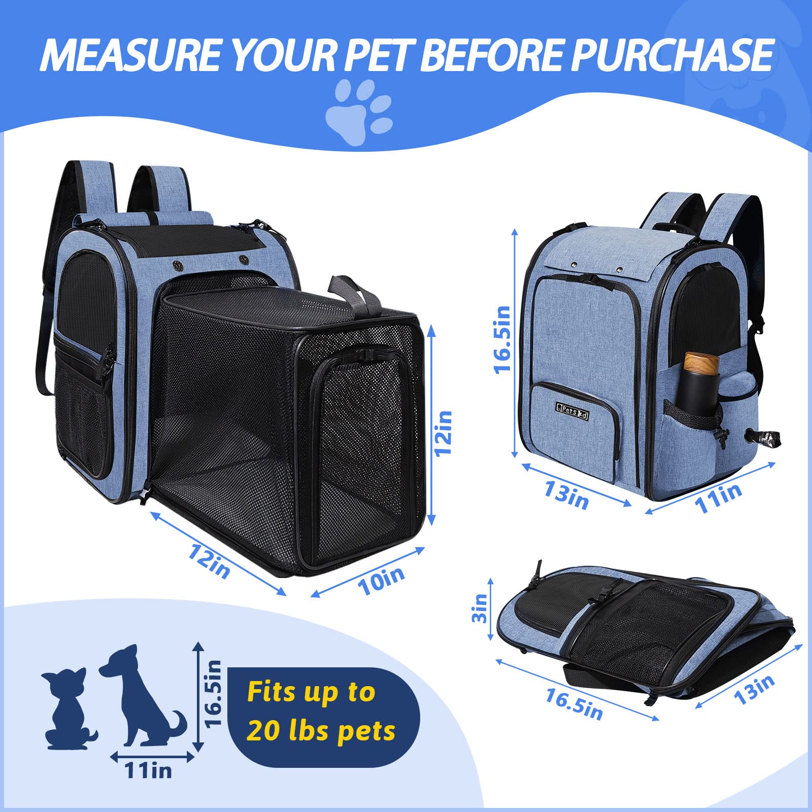 Petskd Expandable Pet Carrier Backpack For Small Medium Dog And Cat, Large Space Fits Up To 20 Lbs Pet, Foldable Backpack With Safety Lock Zipper And Breathable Mesh For Travel Hiking Camping(Blue)