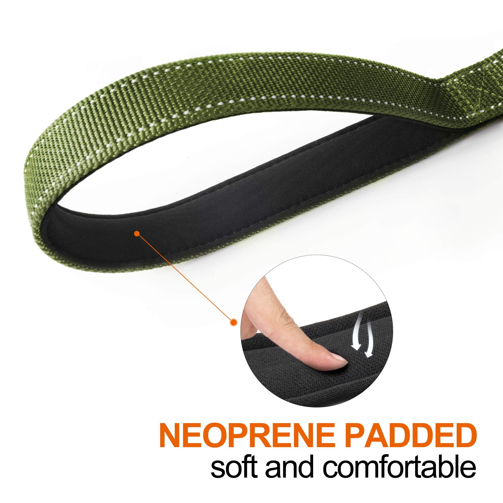 TwoEar 6FT Green Dog Leash - 1IN Strong with 2 Padded Handles, Traffic Control, Reflective, Auto Lock Hook for Small to Large Dogs