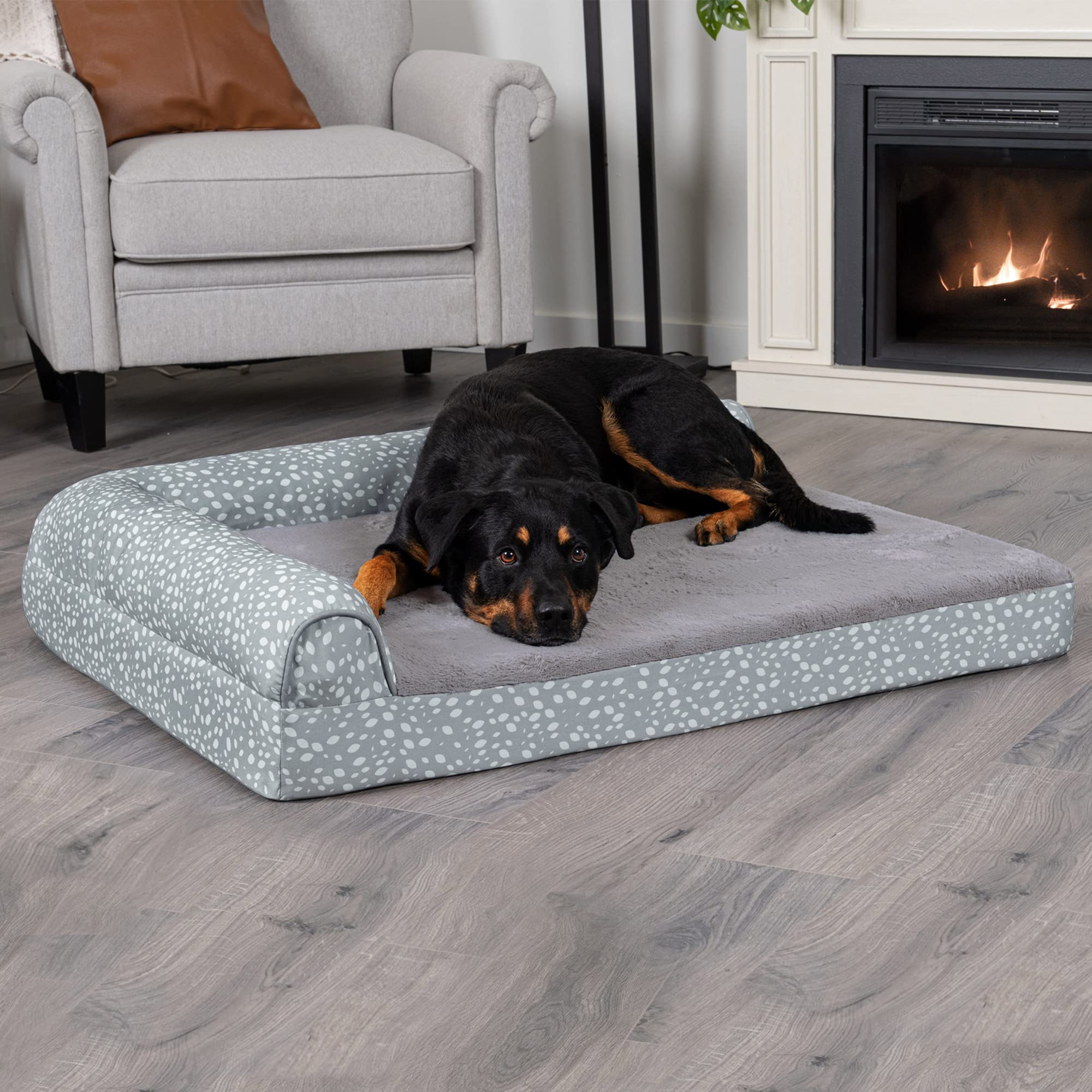 Furhaven Orthopedic Dog Bed For Large Dogs W/ Removable Bolsters & Washable Cover, For Dogs Up To 95 Lbs - Plush & Almond Print L Shaped Chaise - Gray Almonds, Jumbo/Xl