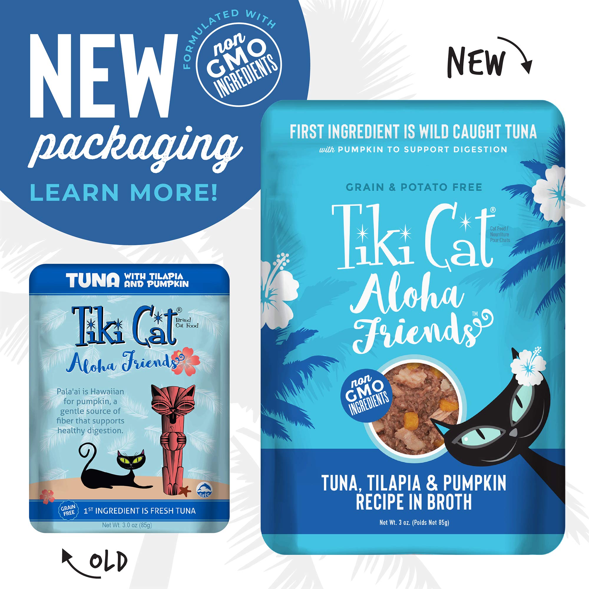 Tiki Cat Aloha Friends, Tuna, Tilapia & Pumpkin, Grain-Free & High Moisture, Wet Cat Food for All Life Stages 3 oz. Pouch (Pack