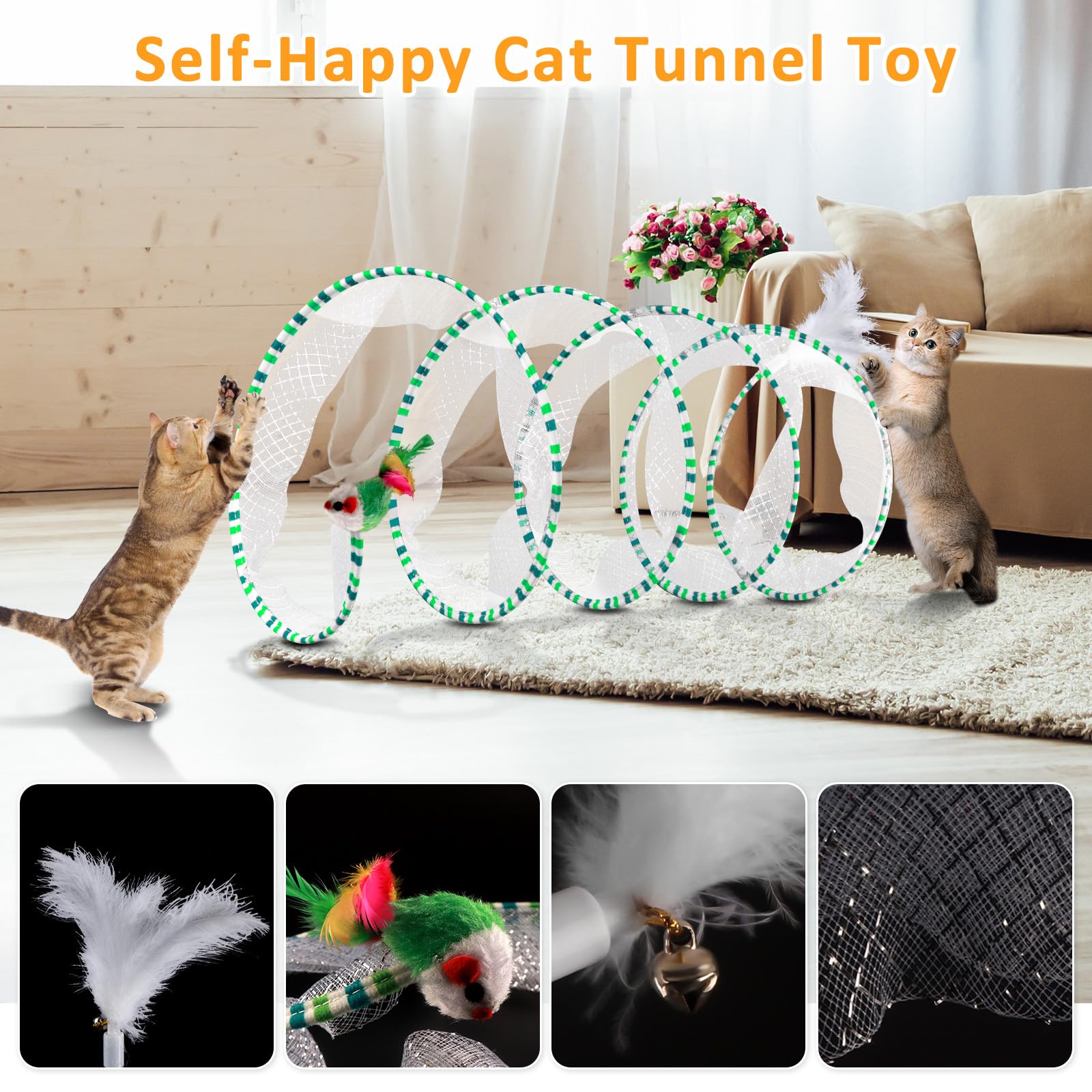 2-Piece Spiral Cat Tubes For Indoor Cats, Large Collapsible Tunnel With Feather Mouse Interactive Toy (Green & White + Green + O