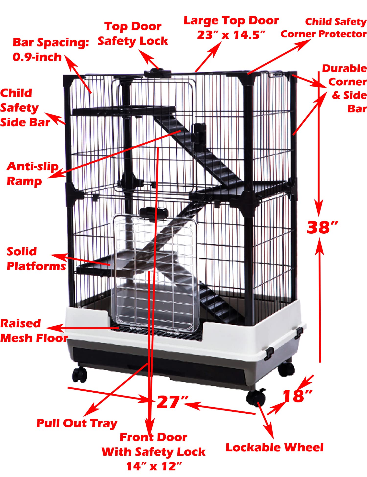 Large 4-Level Indoor Small Animal Pet Cage For Guinea Pig Ferret Chinchilla Cat Playpen Rabbit Hutch With Solid Platform & Ramp, Leakproof Litter Tray, 2 Large Access Doors Lockable Casters