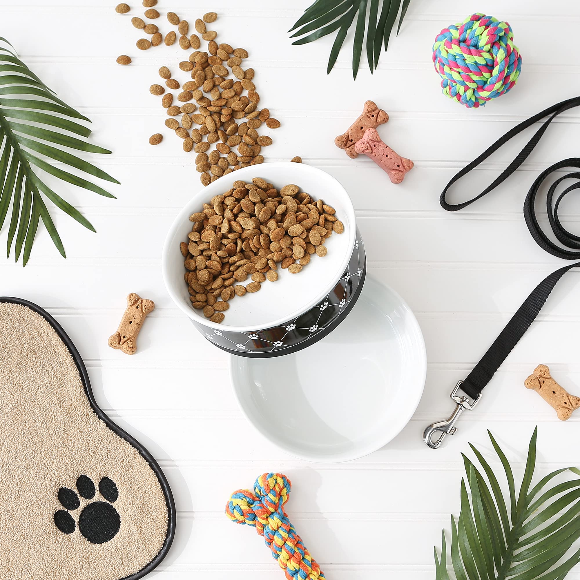 Bone Dry Trellis Paw Print Pet Bowl Set Microwave & Dishwasher Safe, Non-Slip Silicone Bottom for Less Mess, Large 7.5x2.4, Blac