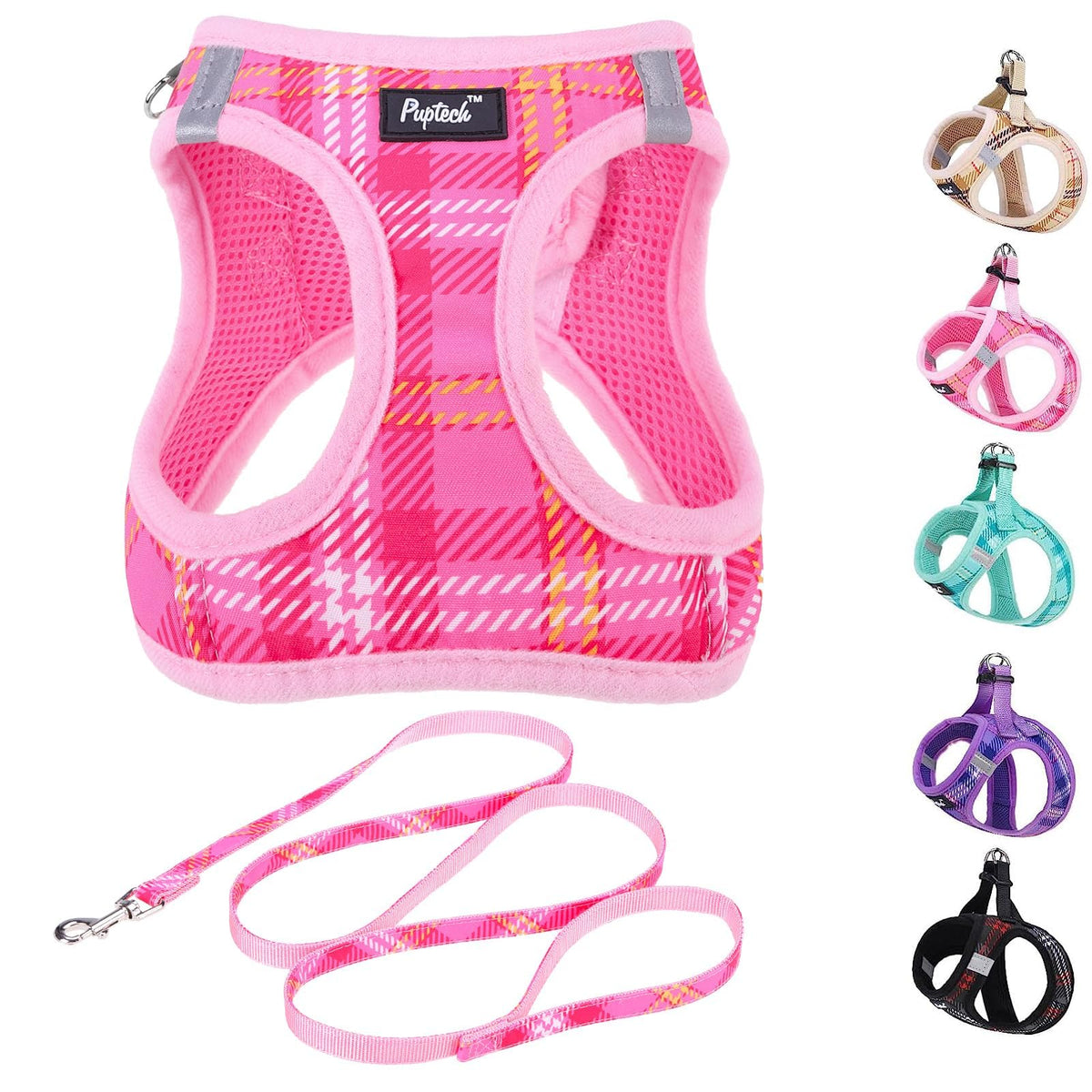 Pupteck Dog Harness And Leash Set For Small Medium Dogs No Pull Step-In Soft Mesh Puppy Cat Vest Harnesses Reflective At Night, Plaid Pattern Pink S