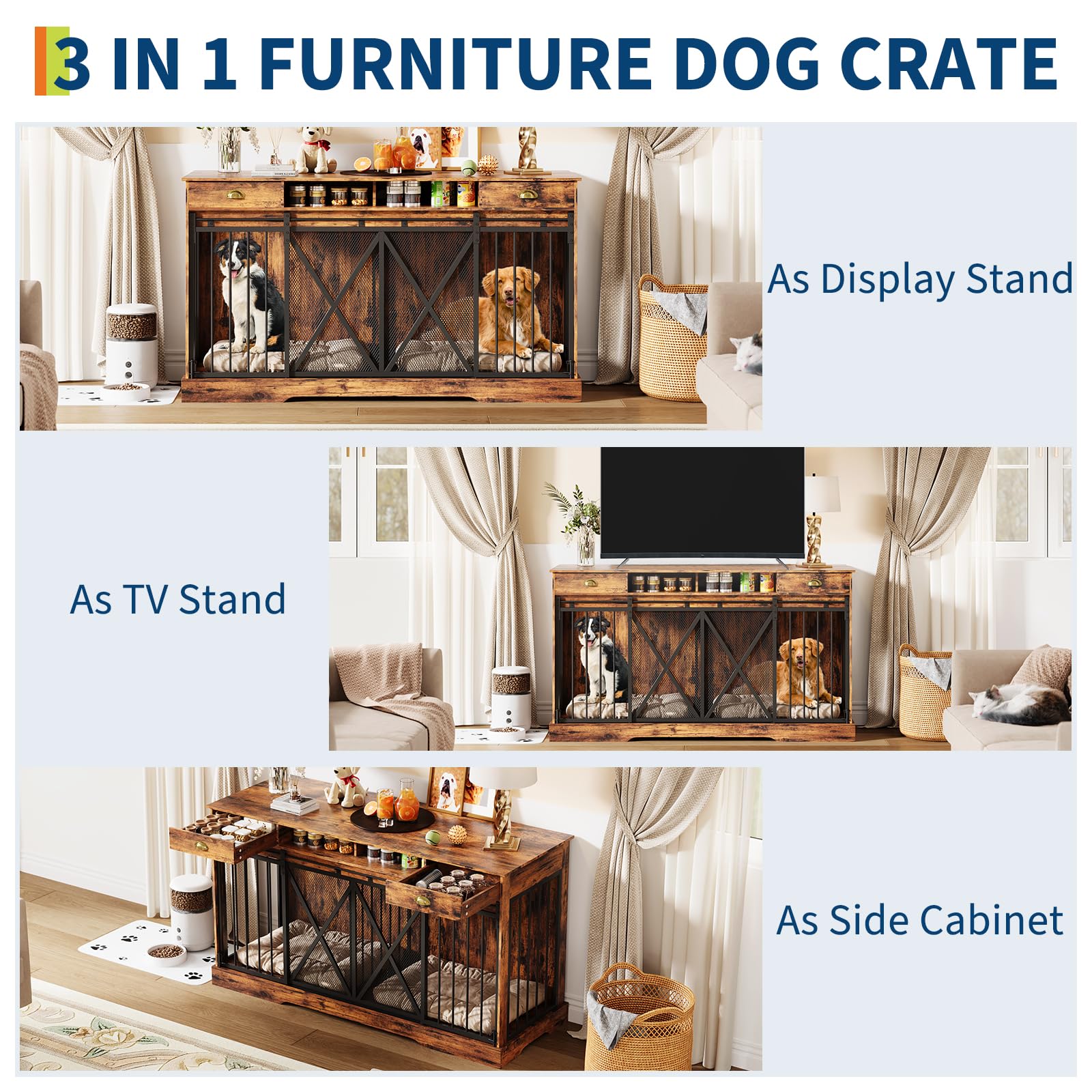 GarveeLife 63 in Extra Large Double Dog Crate with Removable Divider, Heavy Duty Dog Kennel Furniture with 2 Drawers, Indoor Dec