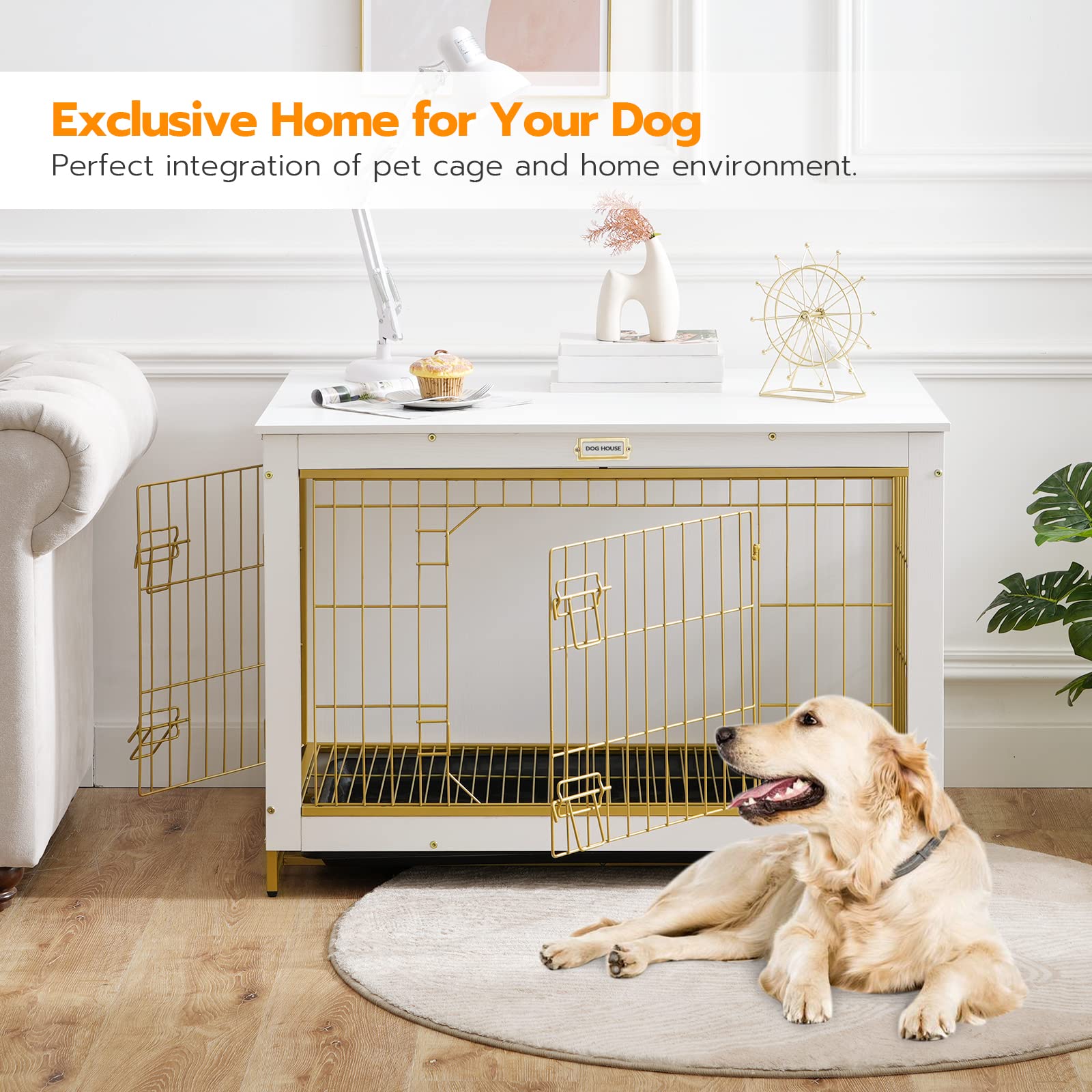 HOOBRO Dog Crate Furniture, 38.6 Large Dog Kennel Indoor, Wooden Cage with Pull-Out Tray, Double Doors Pet House Side End Table