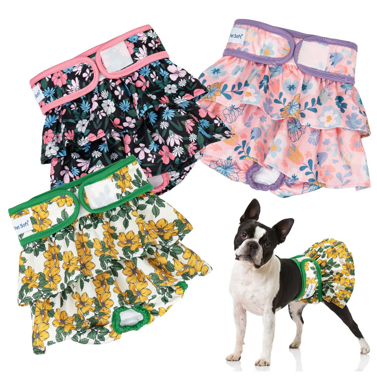 Pet Soft Washable Female Diapers (3 Pack) - Female Dog Diapers, Dress Style Comfort Reusable Doggy Diapers For Girl Dog In Period Heat (Floral, M)