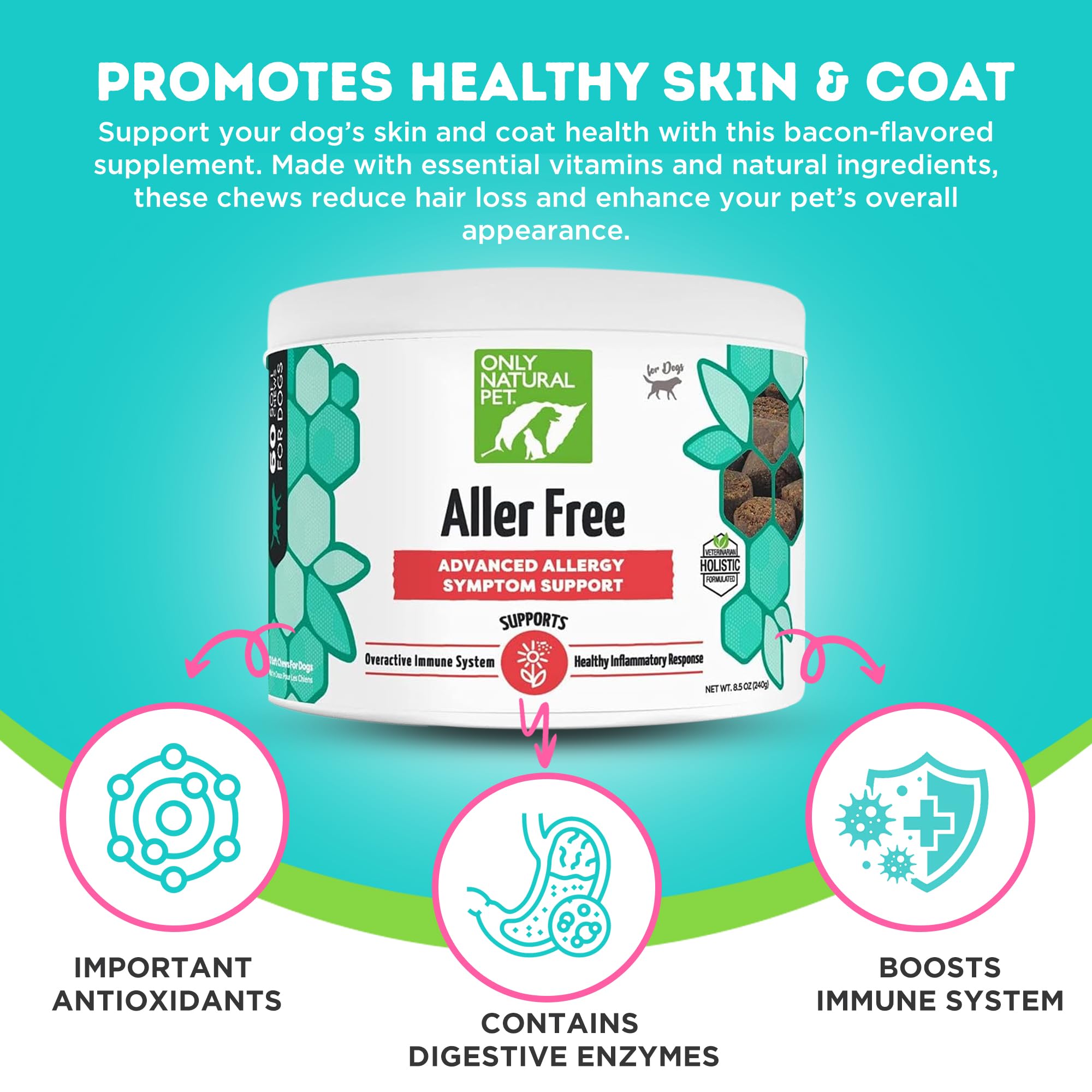 ONLY NATURAL PET AllerFree Advanced Allergy Support for Dogs w/Quercetin & Probiotics - Immune, Respiratory, Skin & Coat Health