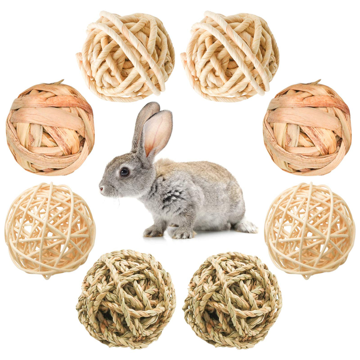 8 Pcs Small Animals Play Balls Rolling Activity Chew Toys Gnawing Treats For Rabbits Guinea Pigs Chinchilla Bunny Natural Balls, Pet Cage Entertainment Accessories (8Pcs)