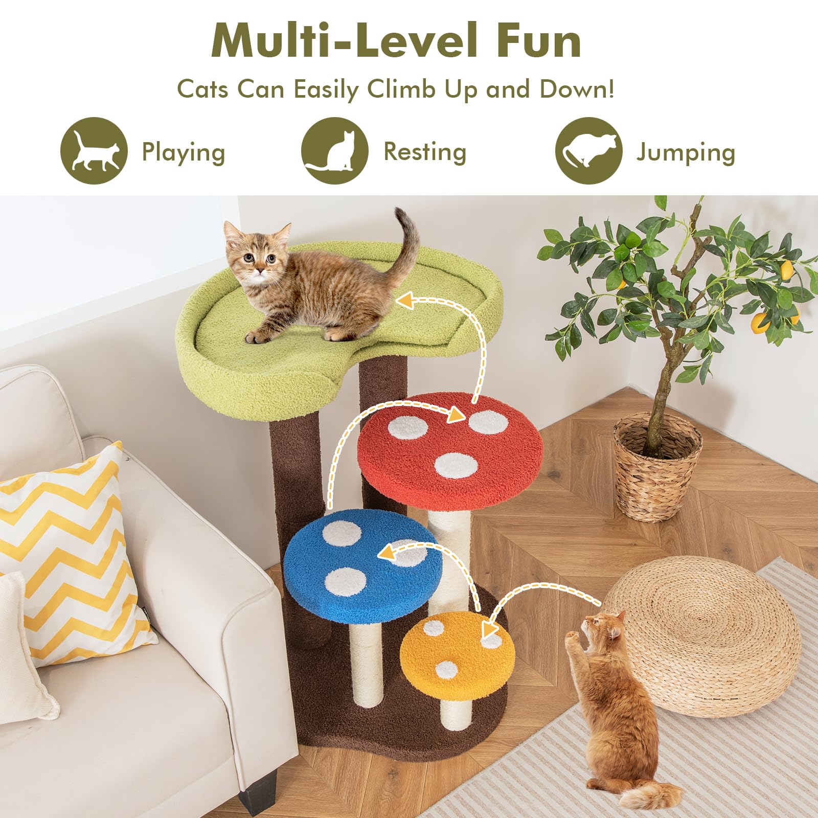 Tangkula Mushroom Cat Tree, Cute Cat Tower With Full-Wrapped Sisal Post, Unique Multi-Level Cat Activity Center, Cat Scratching