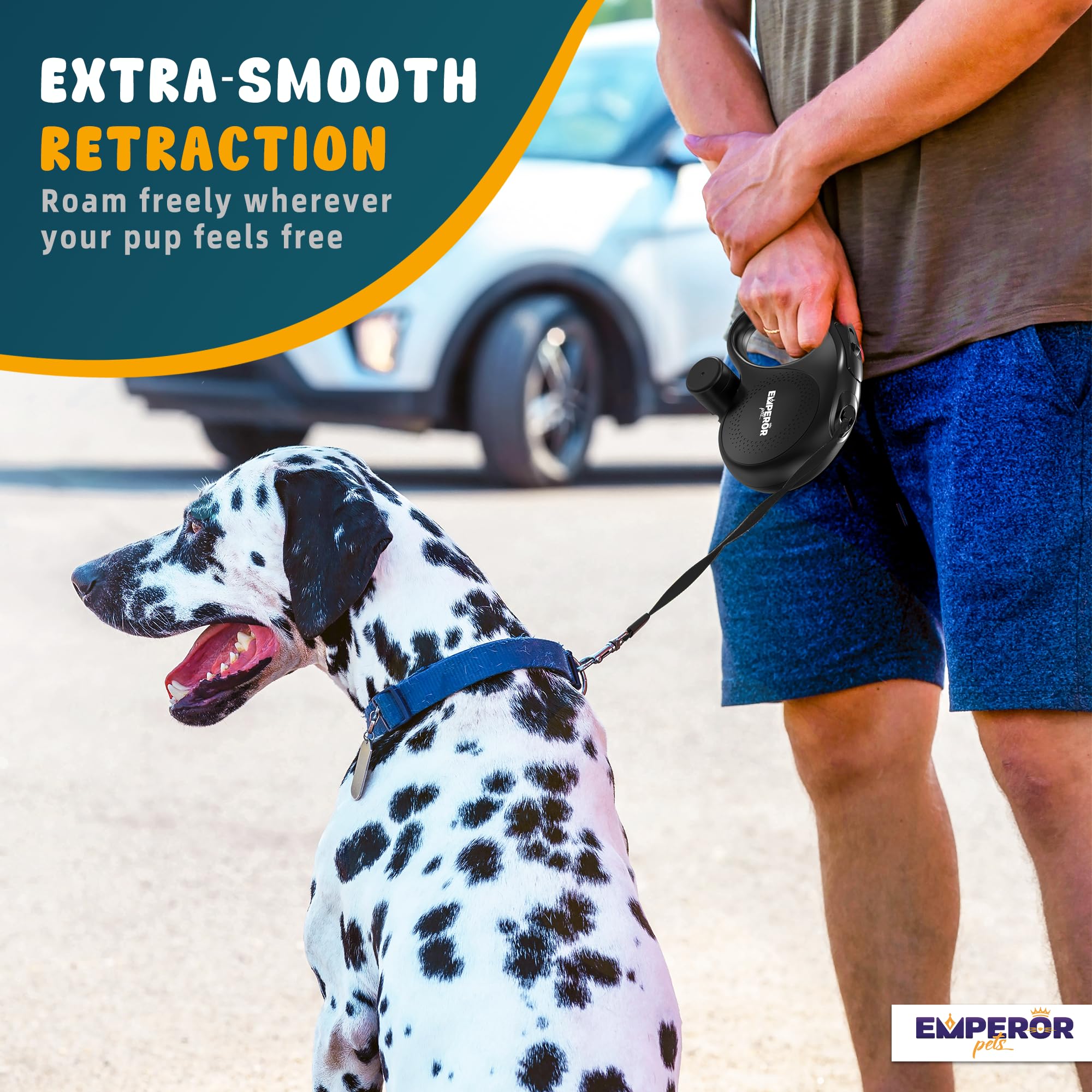 Emperor Pets 26 Ft Retractable Dog Leash Black - Heavy Duty Retractable Pet Leash With Anti-Slip Grip - Reflective Dog Leash Tap