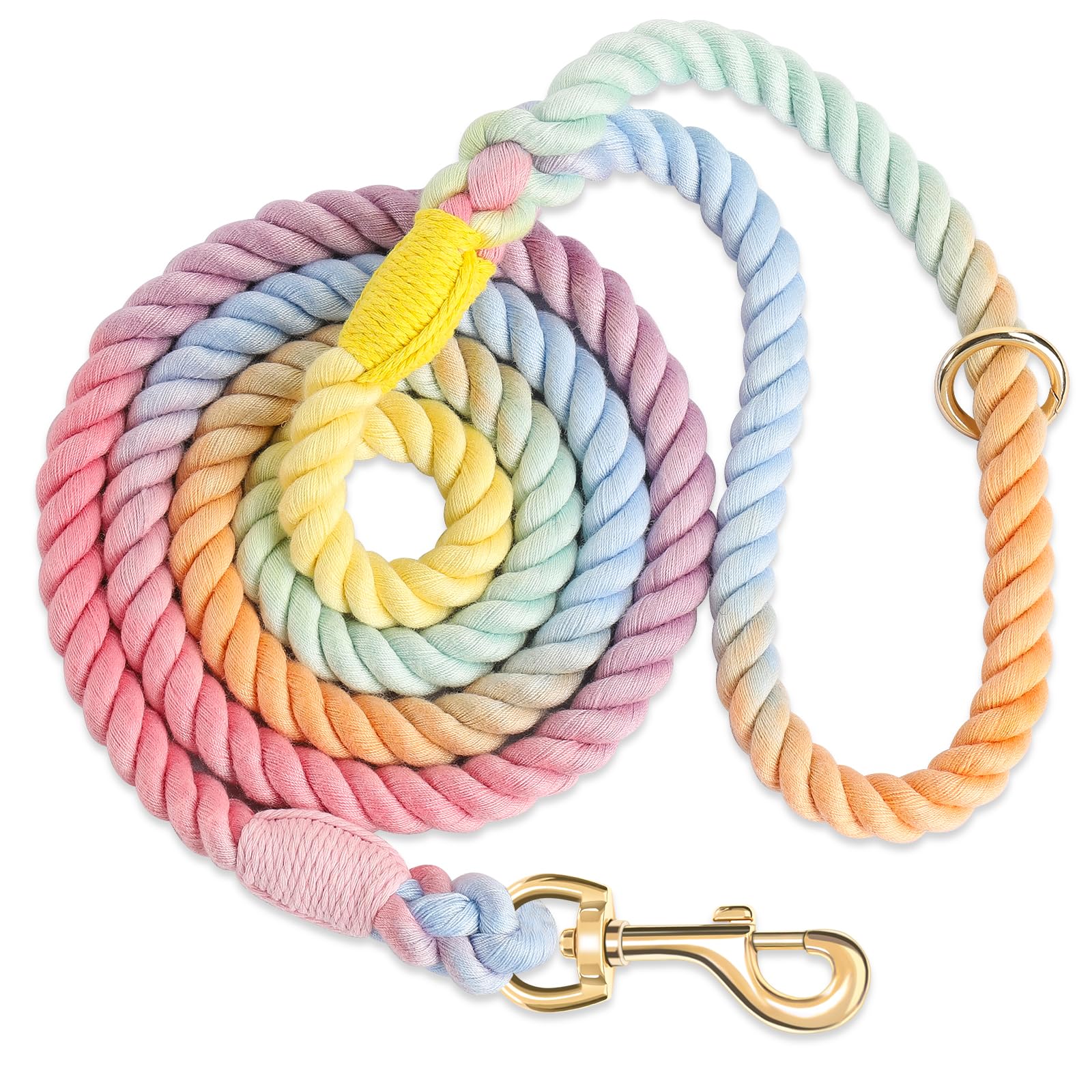 NUGUTIC Handmade Braided Cotton Rope Leash with Heavy Duty Metal Clasp, Cute Wedding Dog Leash (Colorful Macaron, 6 FT)