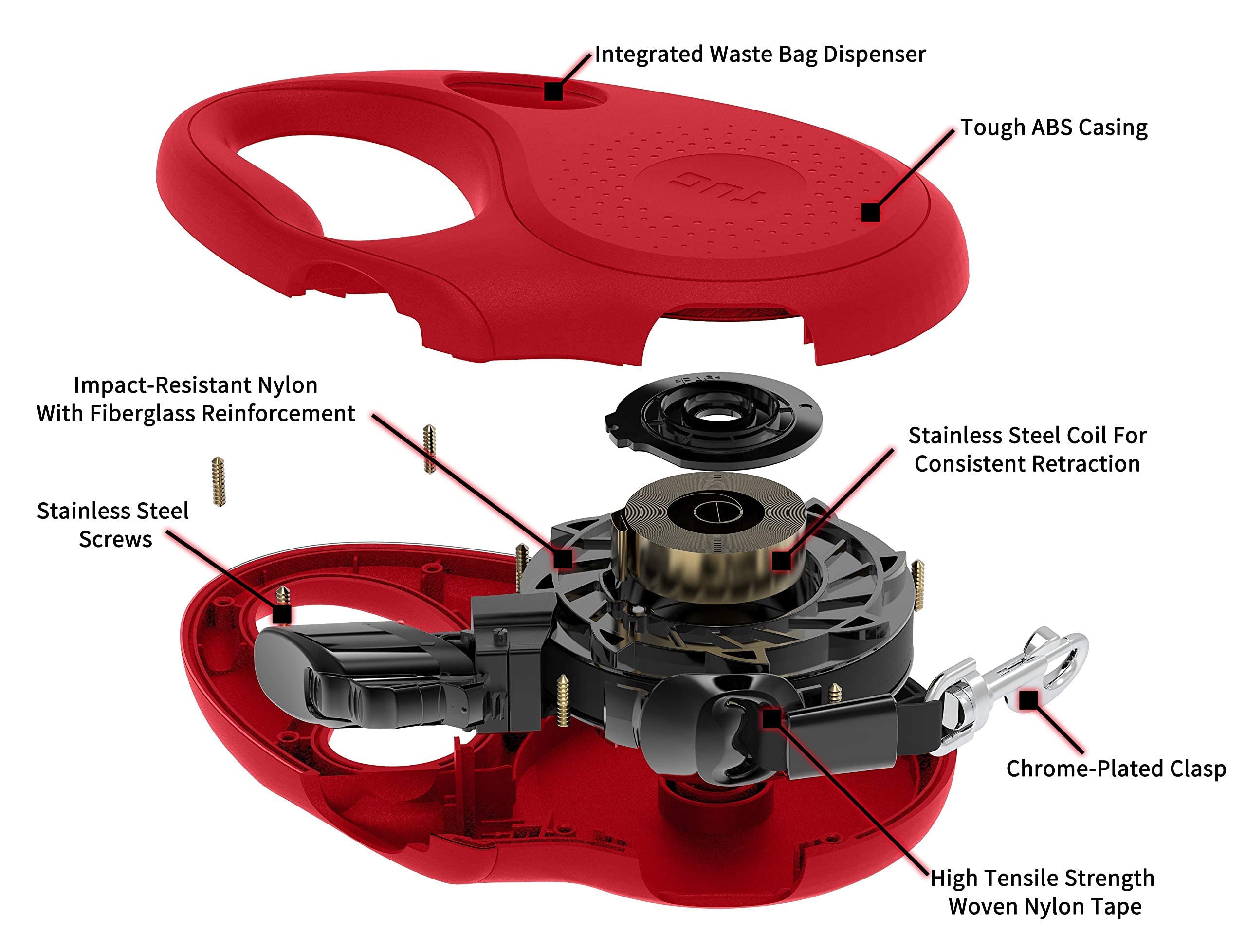 Tug Oval 360?Tangle-Free Retractable Dog Leash With Integrated Waste Bag Dispenser (Large, Red)