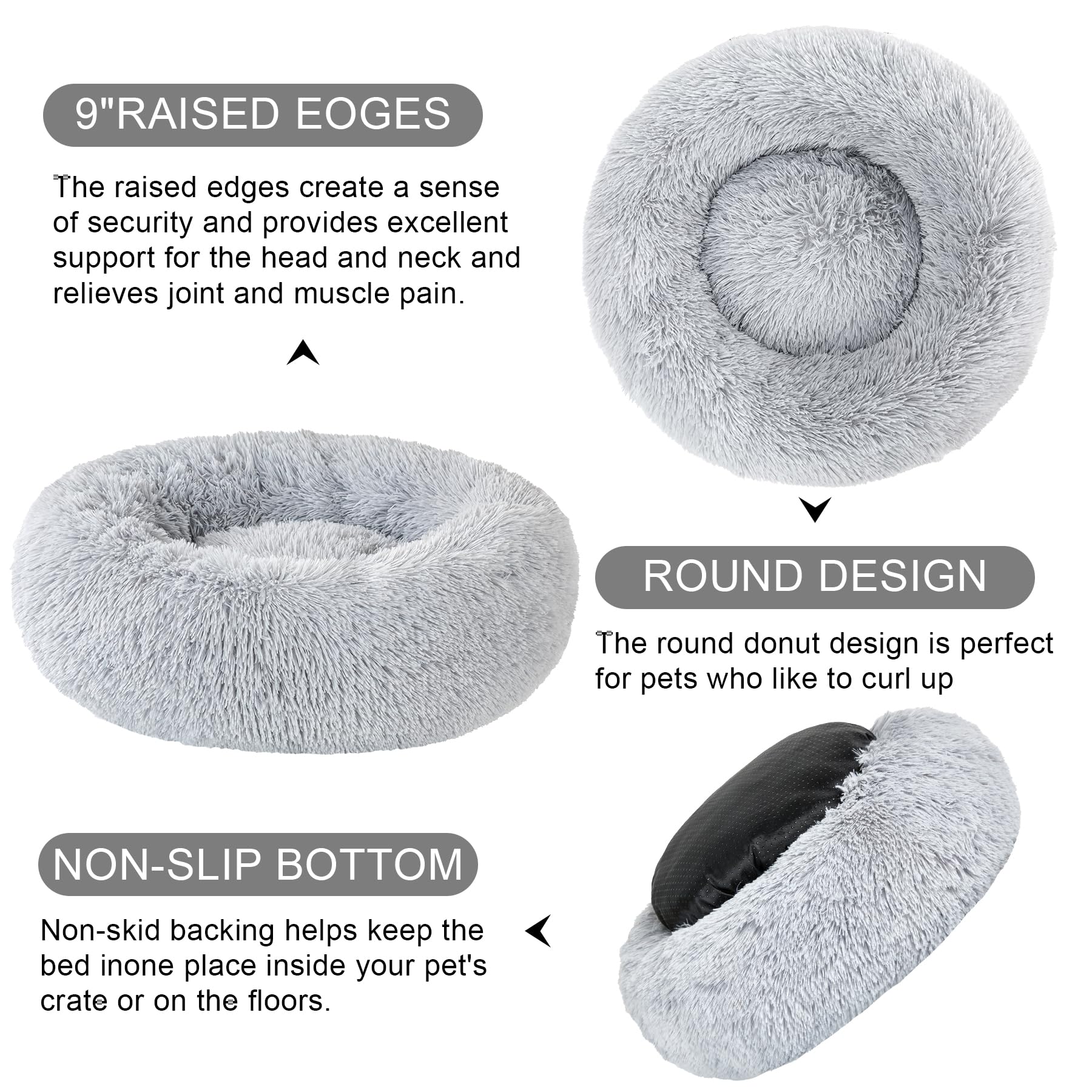Dog Calming Beds For Small Medium Dogs - Round Donut Washable Dog Bed, Anti-Slip Faux Fur Fluffy Donut Cuddler Anxiety Cat Bed(L