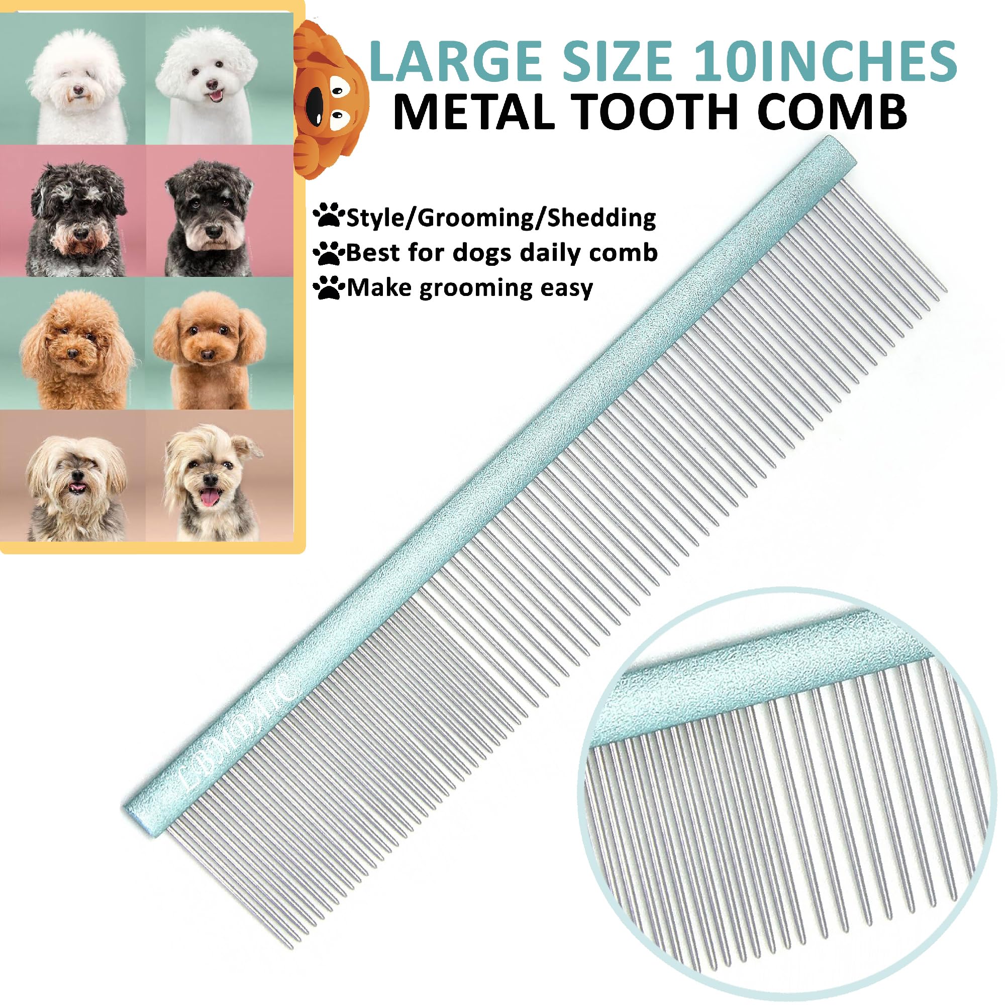 Lbmbaic 10Inches Large Dog Grooming Comb For Shedding Matted Hair For Large Dogs Metal Dog Comb With Long Wide Tooth Comb For Poodles And Goldendoodles Reduce Tangles,Mats And Knots.(Blue)