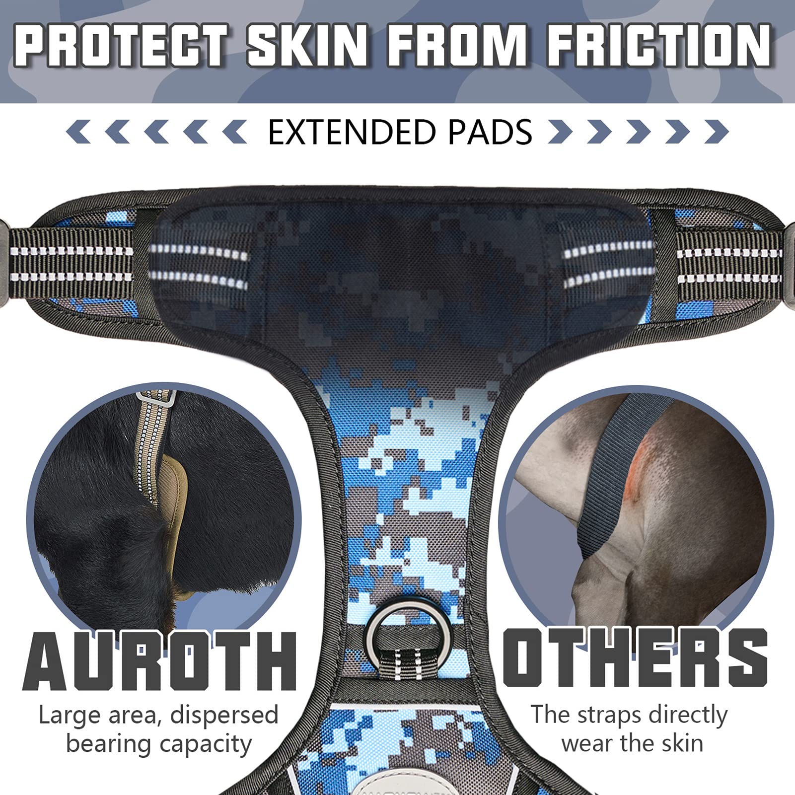 Auroth Tactical Dog Training Harness No Pulling Front Clip Leash Adhesion Reflective K9 Pet Working Vest Easy Control For Small Medium Large Dogs Blue Camo Xl
