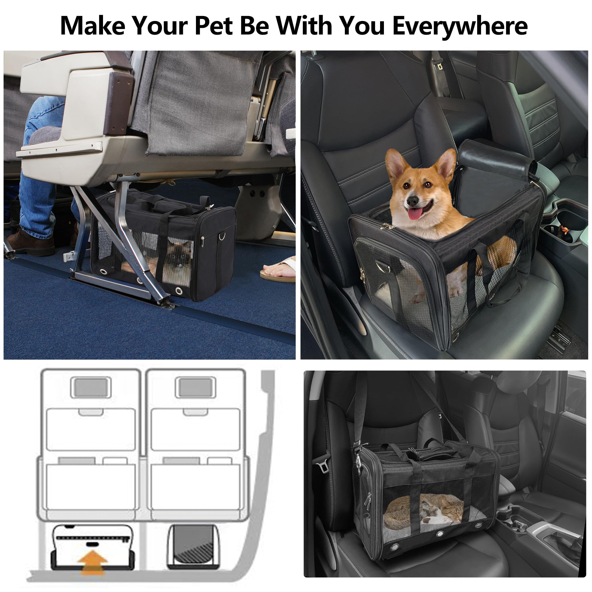 Soft Sided Cat/Dog Carrier,Collapsible Pets Travel Carriers For Pet/Puppy With Shoulder Strap & Removable Mat,Mesh Top Load Small Dogs/Cats Carry Bag Up To 17 Lbs Tsa Airline Approved(Black,M)