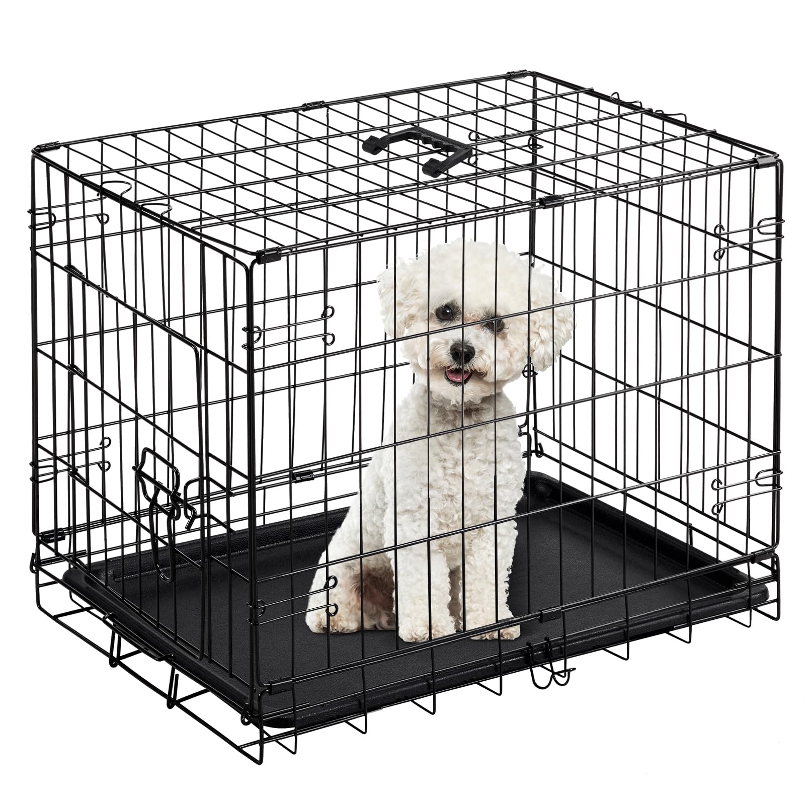 Dumos Dog Crate, 24 Inch Medium Single Door Dog Cage With Divider Panel And Plastic Leak-Proof Pan Tray, Folding Metal Wire Pet 