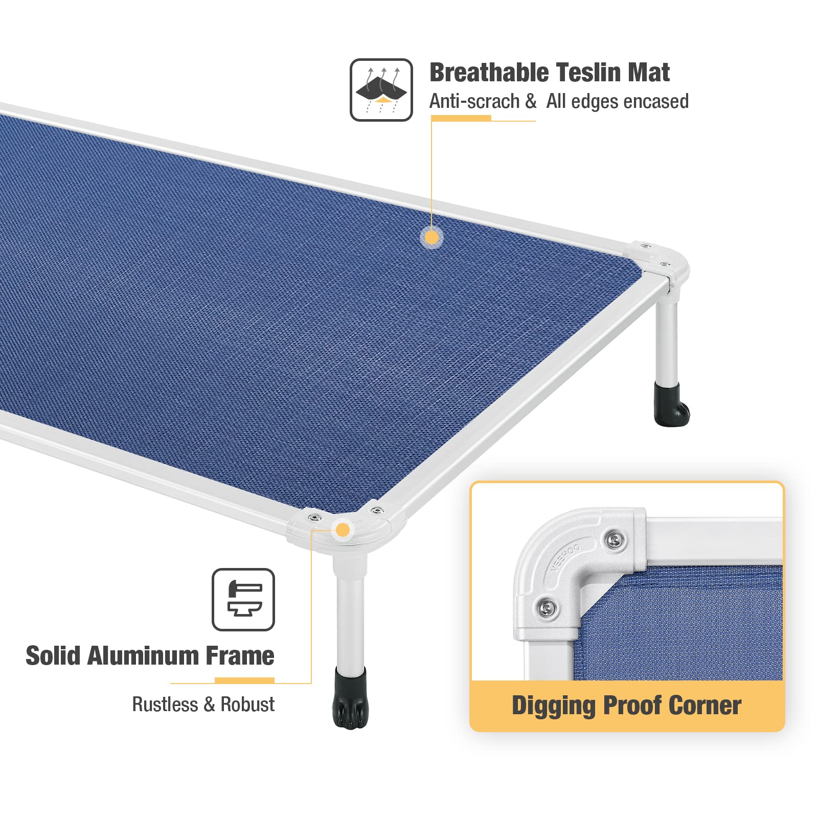 Veehoo Chew Proof Elevated Dog Bed - Cooling Raised Pet Cot - Silver Aluminum Frame And Durable Textilene Mesh Fabric, Unique Designed No-Slip Feet For Indoor Or Outdoor Use, Beige Coffee, Large