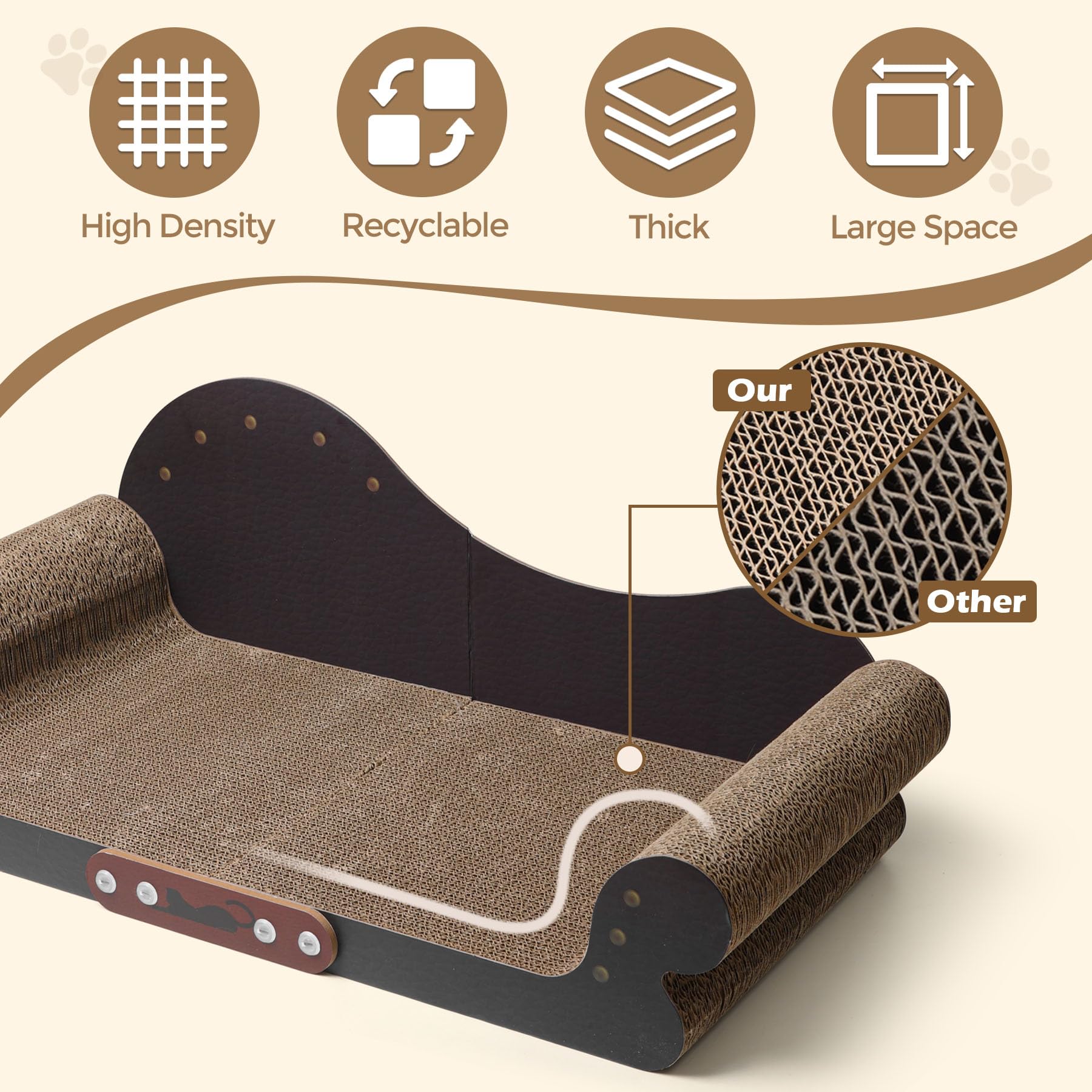 ComSaf Large Cat Scratcher Bed - 26" Durable Cardboard Cat Couch, Brown, Model PG2803, Indoor Furniture Protector