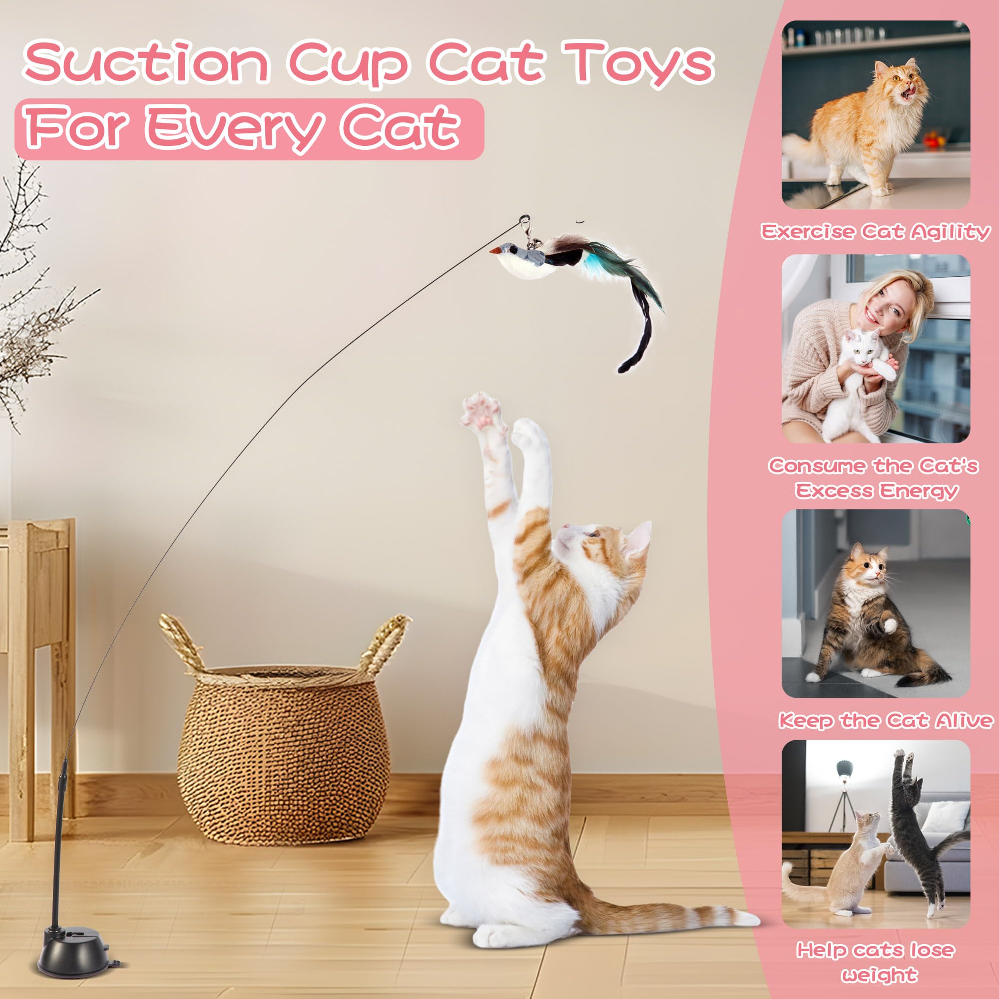 Maiguangta Interactive Bird Simulation Cat Toy Set,Cat Wand Toys,Wand Self-Holding Suction Cups Base,Include Detachable 6 Pcs Re