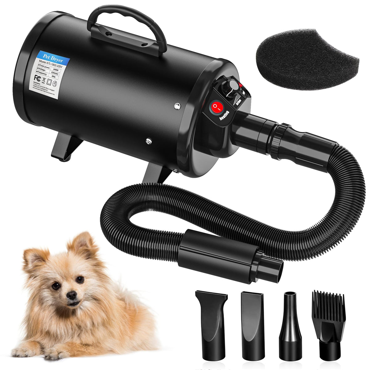 Nova Microdermabrasion Dog Dryer, High Velocity Pet Hair Force Dryer, Professional Pet Grooming Blower Dryer With 3 Nozzles Heater Air Speed For Grooming