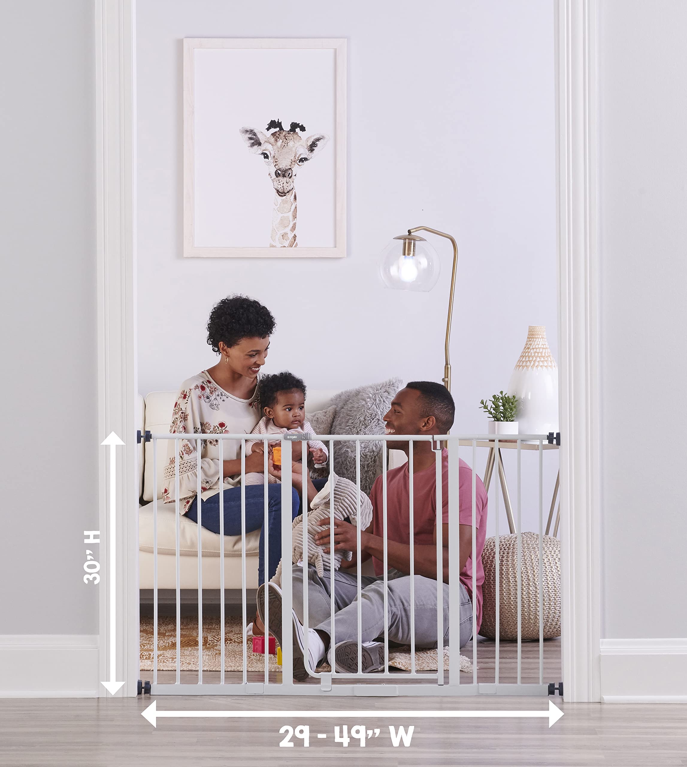 Regalo Easy Open 47-Inch Super Wide Walk Thru Baby Gate, Bonus Kit, Includes 4-Inch And 12-Inch Extension Kit, 4 Pack Pressure Mount Kit And 4 Wall Cups And Mounting Kit , 11 Count (Pack Of 1),White