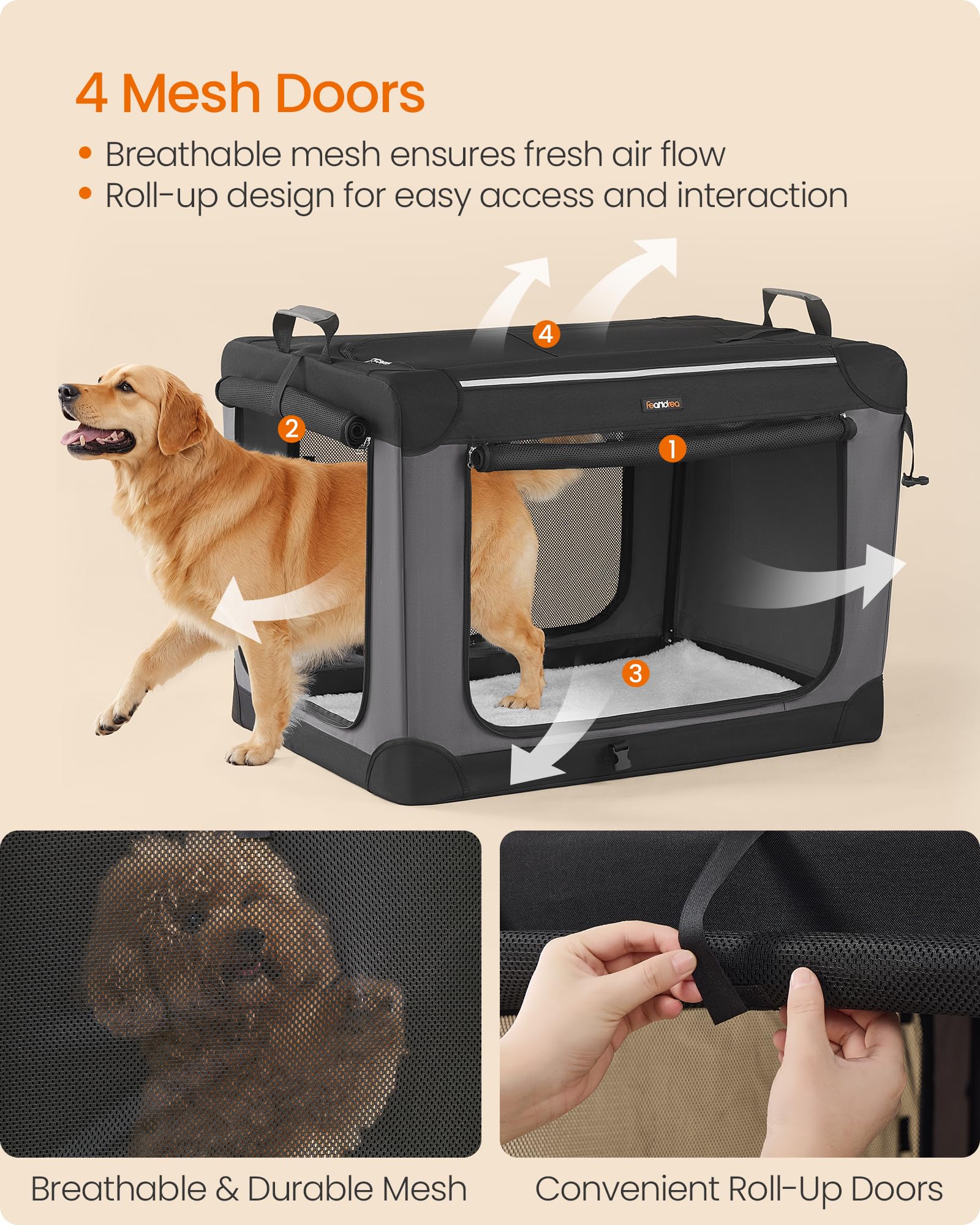 Feandrea 36-Inch Collapsible Dog Crate - Portable XL Oxford Fabric Pet Carrier, Ink Black with 4 Mesh Doors & Storage Pocket