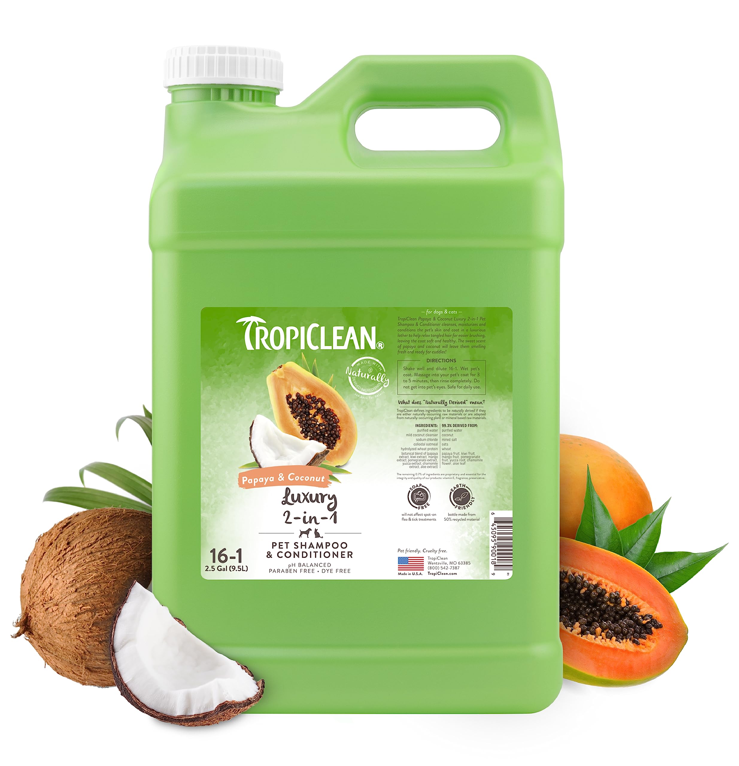 TropiClean 2-in-1 Dog Shampoo and Conditioner, Professional Dog Shampoo, Moisturizing Detangler, Puppy Safe, Made in USA, Papaya