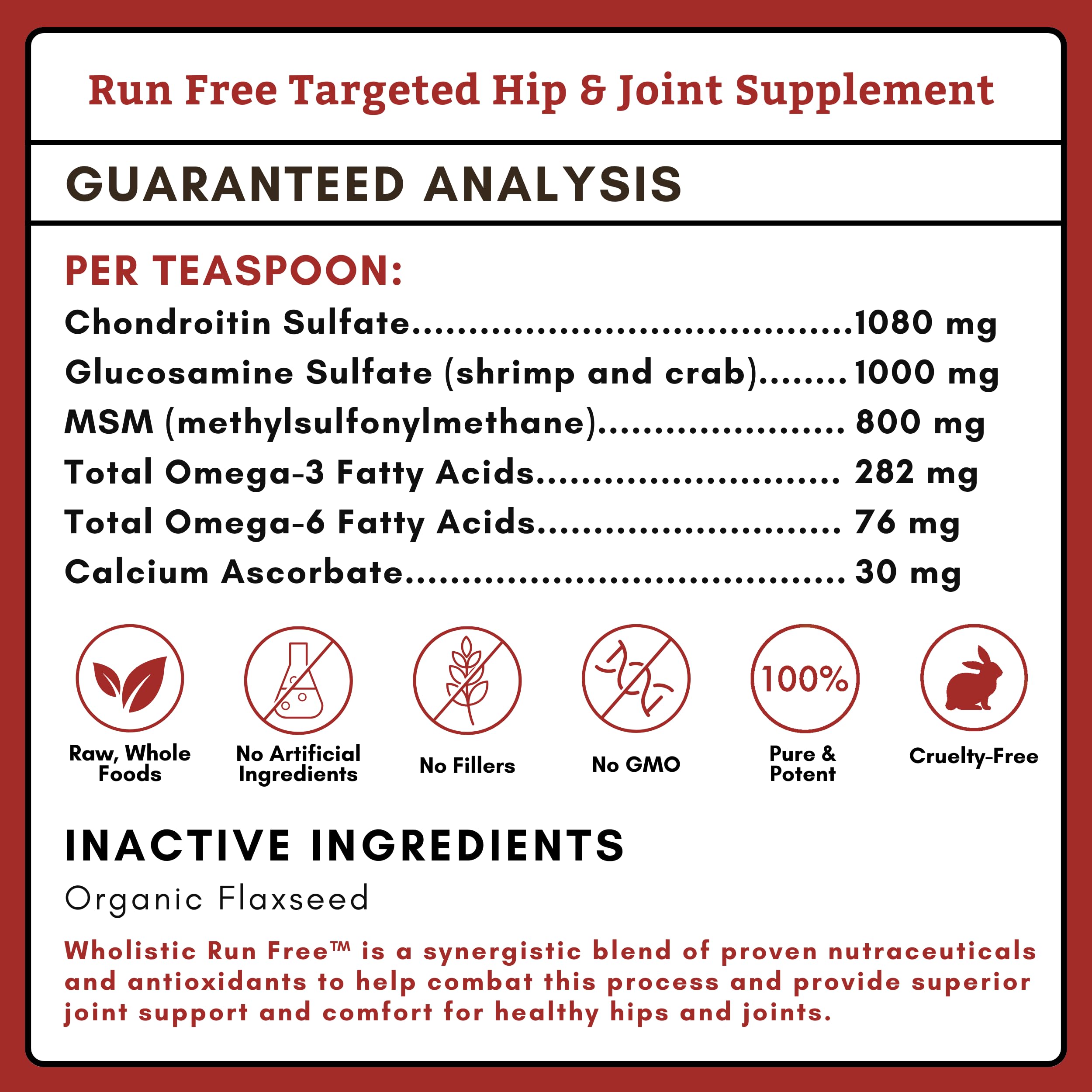 Wholistic Pet Organics Joint Supplement for Dogs - Glucosamine Chondroitin & MSM - 1 Lb - Run Free™ - Supports Mobility for All Breeds