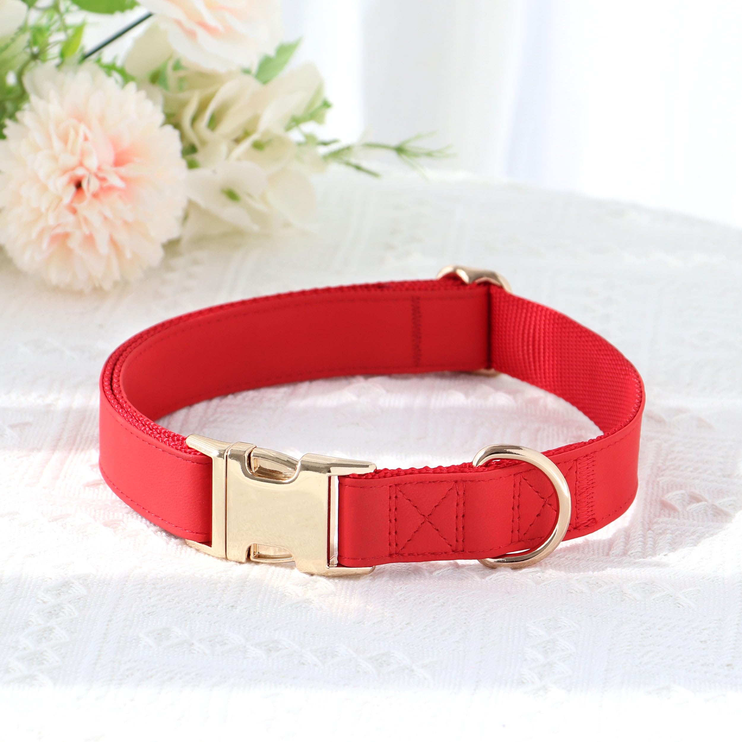 Pet Artist Charming Nylon Dog Collar With Leather Soft Comfy Elegant Nylon Collars For Dogs Small Medium Large 4 Bright Solid Color For Choosing Blue Red Brown Grey (Red,Neck Fit 16-27'')