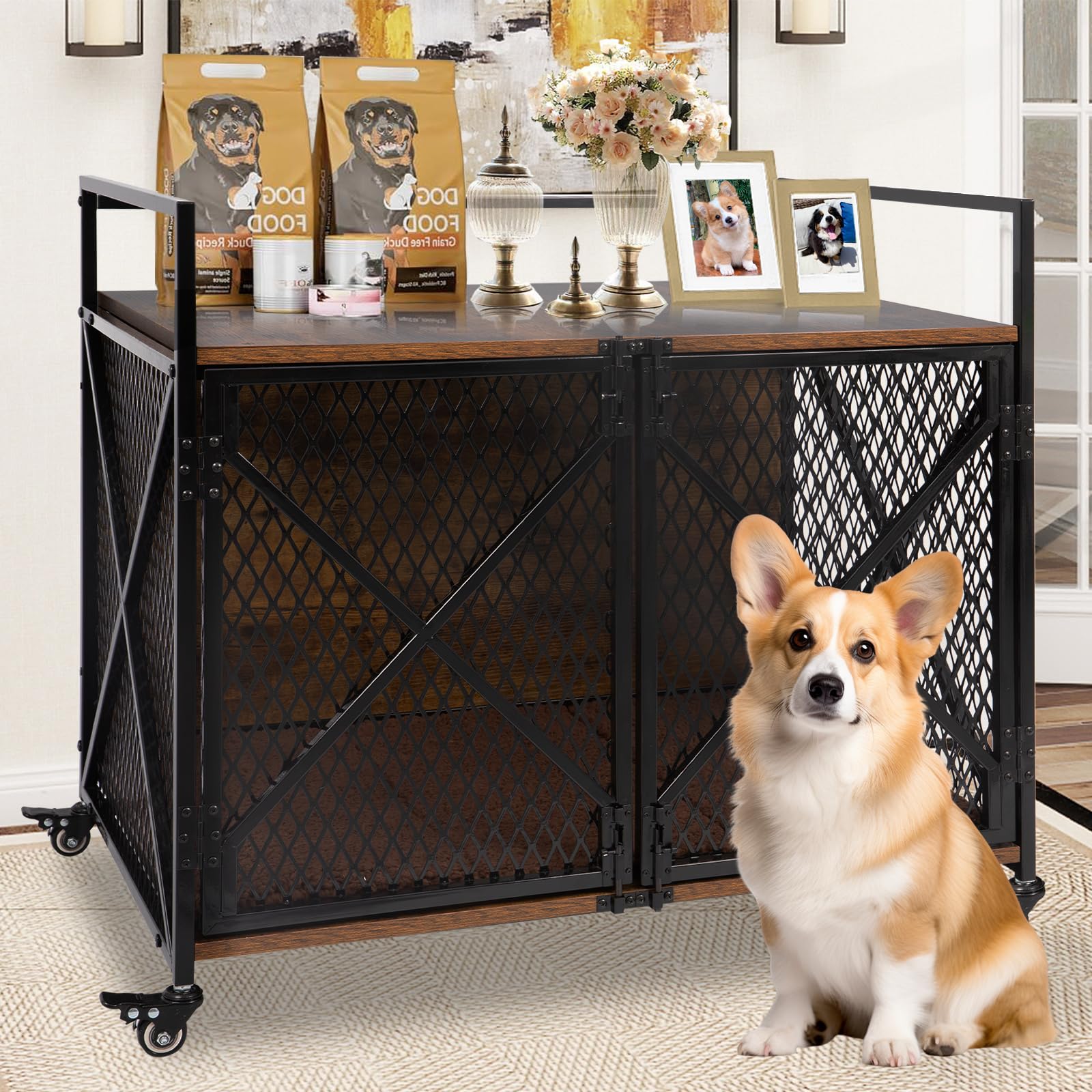 31 Dog Crate Furniture, Wooden Dog Crates for Medium Dogs, Heavy Duty Dog Kennel Indoor with Lockable Wheels, Furniture Style 