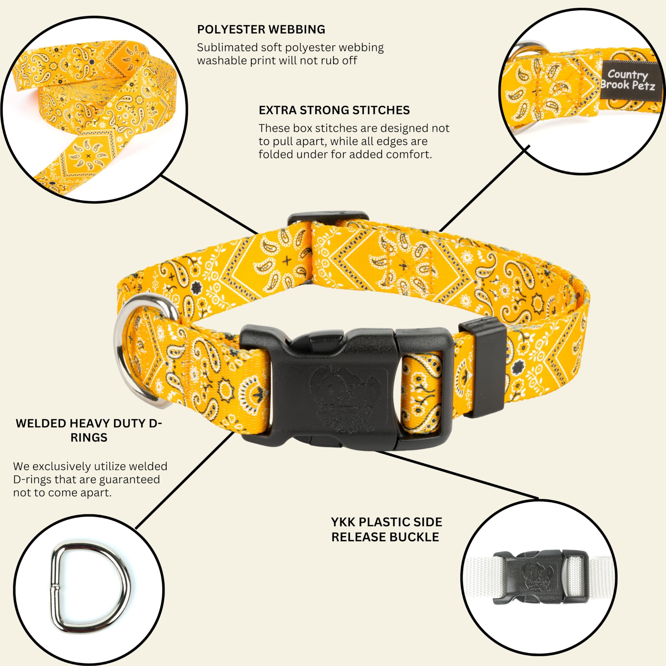 Country Brook Petz - Deluxe Yellow Bandana Dog Collar - Made In The U.S.A. - Country And Western Collection Featuring Rustic Des