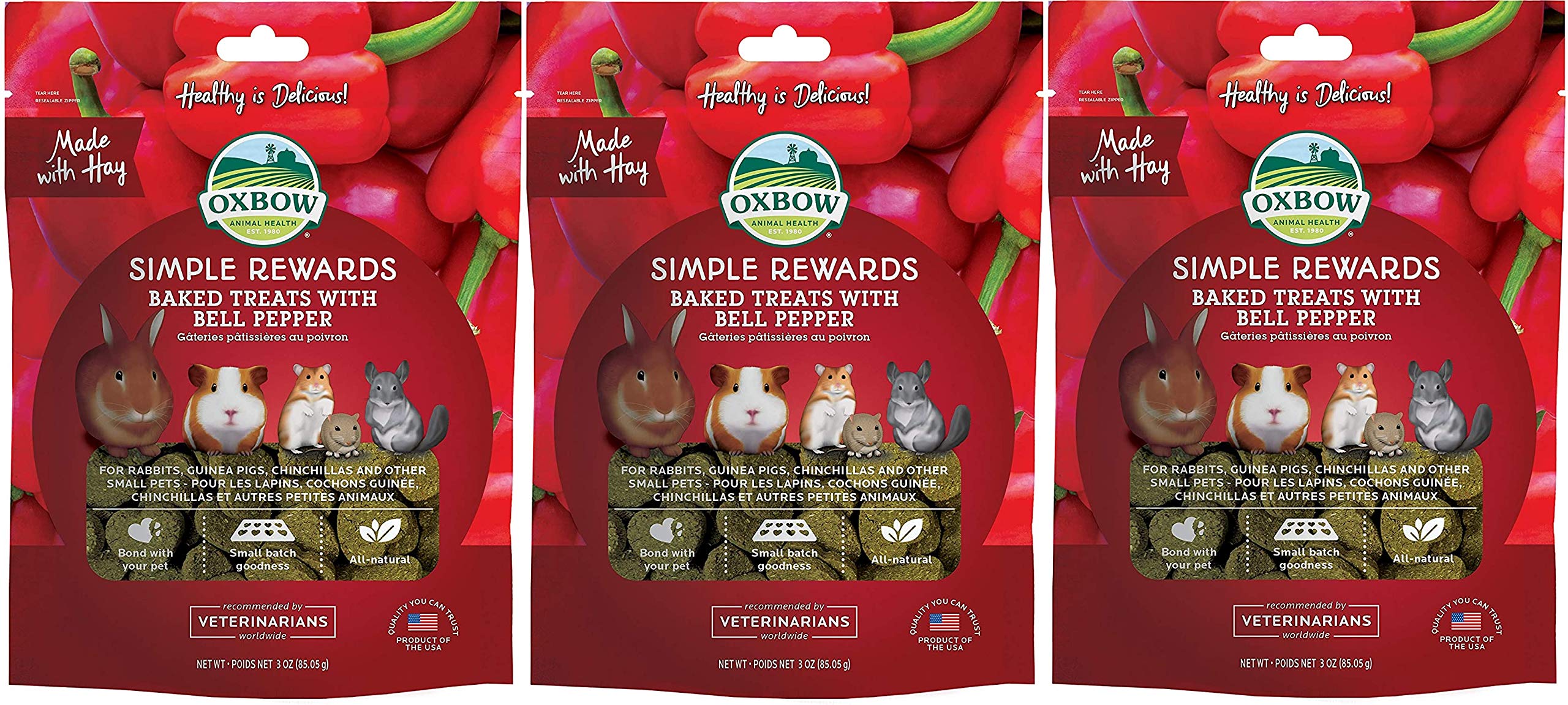 Oxbow 3 Pack of Bell Pepper Simple Rewards Small Pet Treats, 3 Ounces Each, with Hay