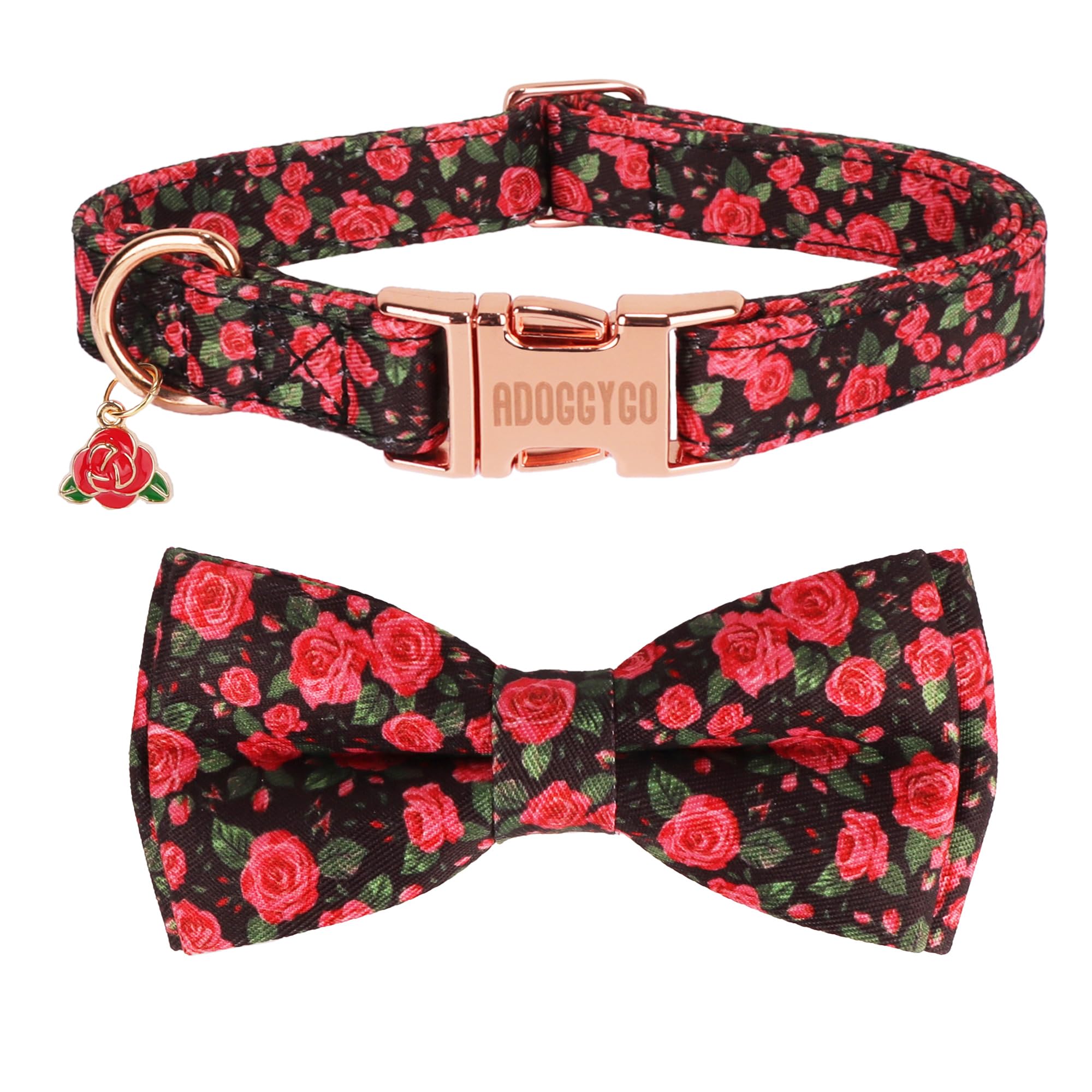 Adoggygo Floral Dog Collar With Bow, Red Rose Flower Dog Bowtie Collar With Metal Buckle, Adjustable Pet Floral Collars For Larg
