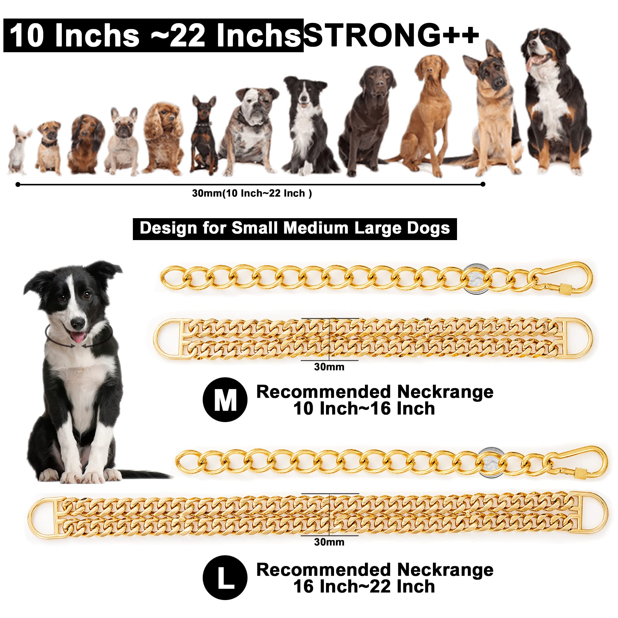 W/W Lifetime Gold Dog Chain Collar Walking Metal Chain Collar with Design Secure Buckle,18K Cuban Link Strong Heavy Duty Chew Pr