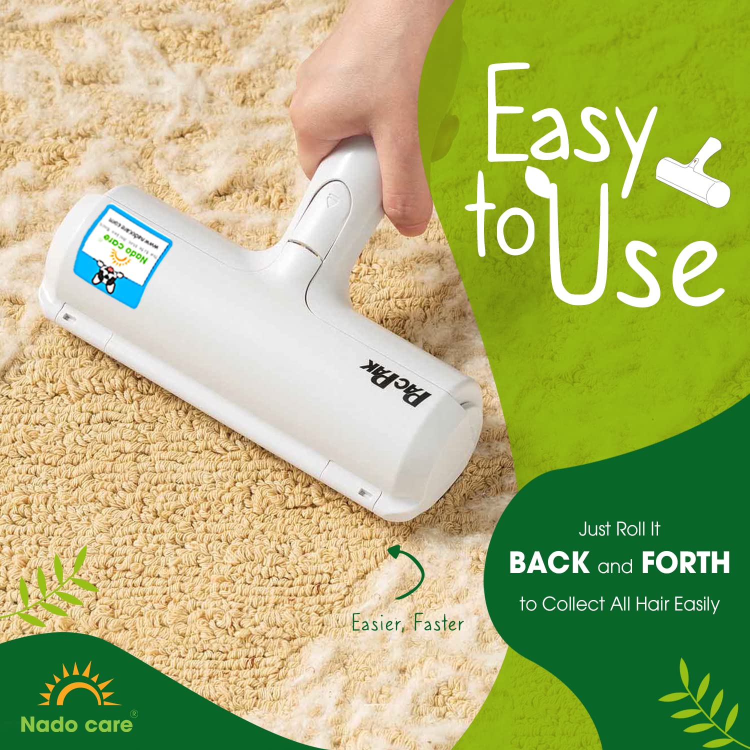 Nado Care Pet Hair Remover - Lint Roller - Self Cleaning Dog & Cat Fur Remover - Remove Dog, Cat Hair From Furniture, Carpets, Bedding, Clothing, Couch, Car Seat White