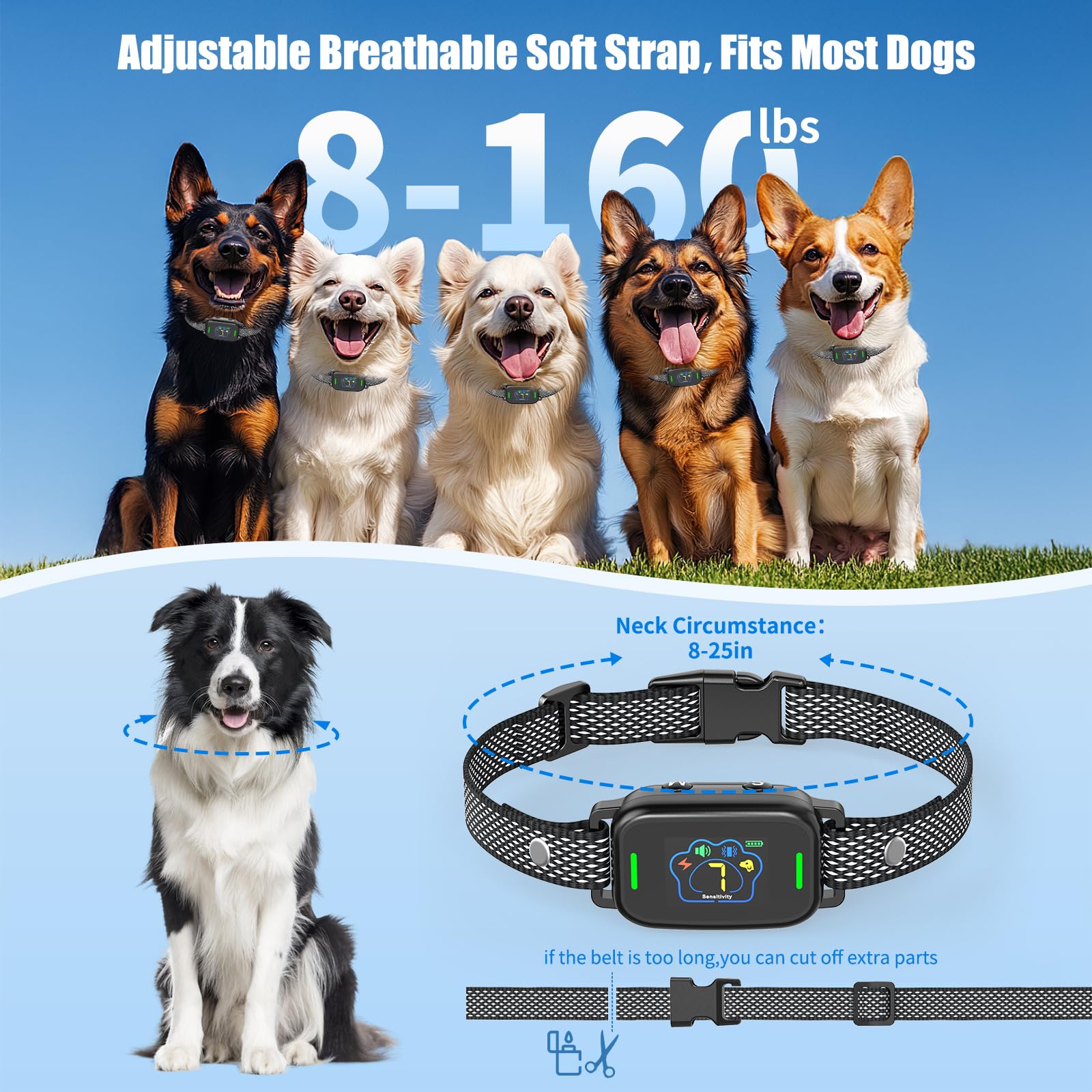 Cawjug Smart AI Bark Collar for Dogs - Rechargeable, 5 Modes, 7 Sensitivity Levels, IPX7 Waterproof, Black & White