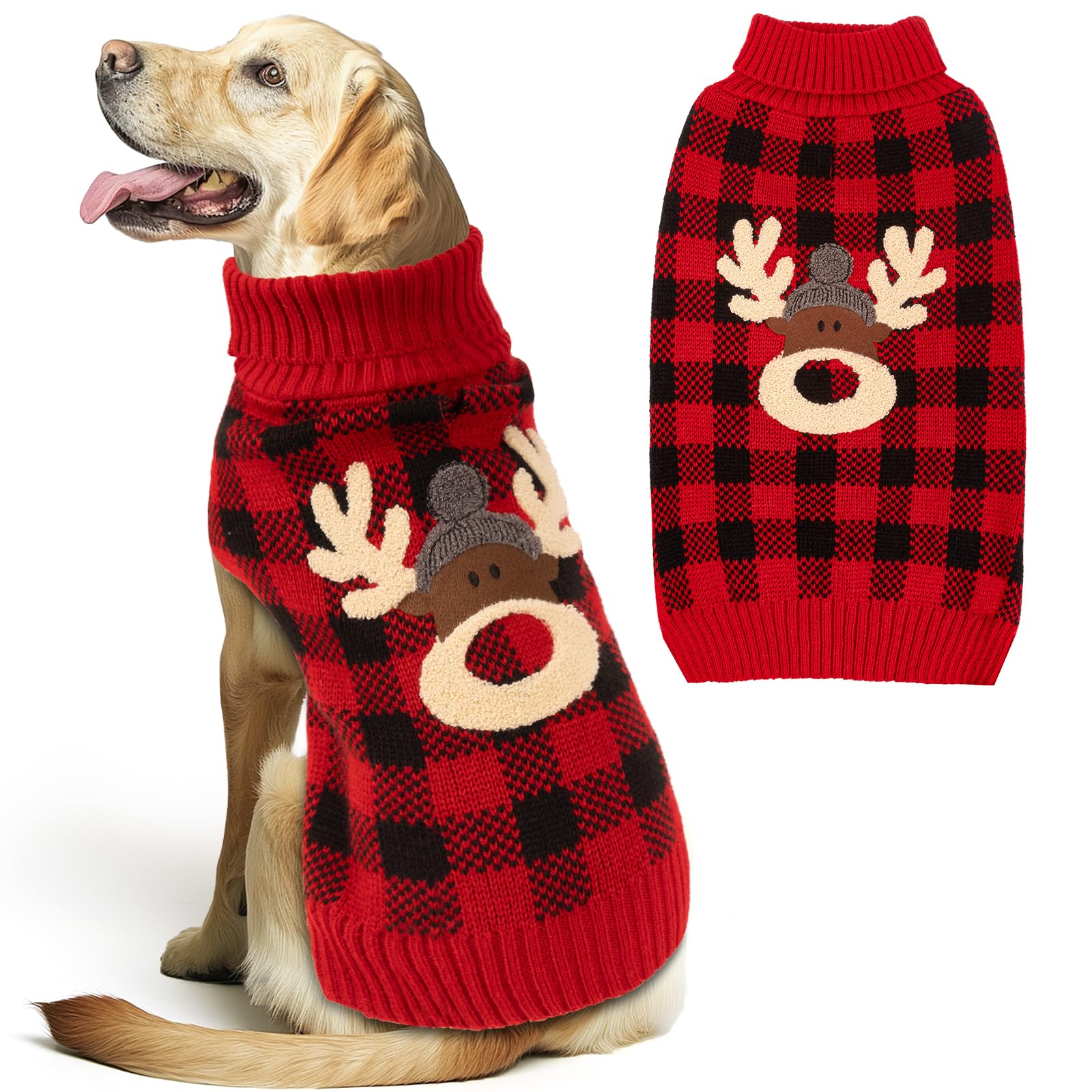 Kyeese Dog Christmas Sweater Reindeer Large Dog Christmas Sweater With Leash Hole Christmas Dog Sweater Dog Christmas Outfit Dog Christmas Outfitred Buffalo Check Pet Sweater, Xxxl