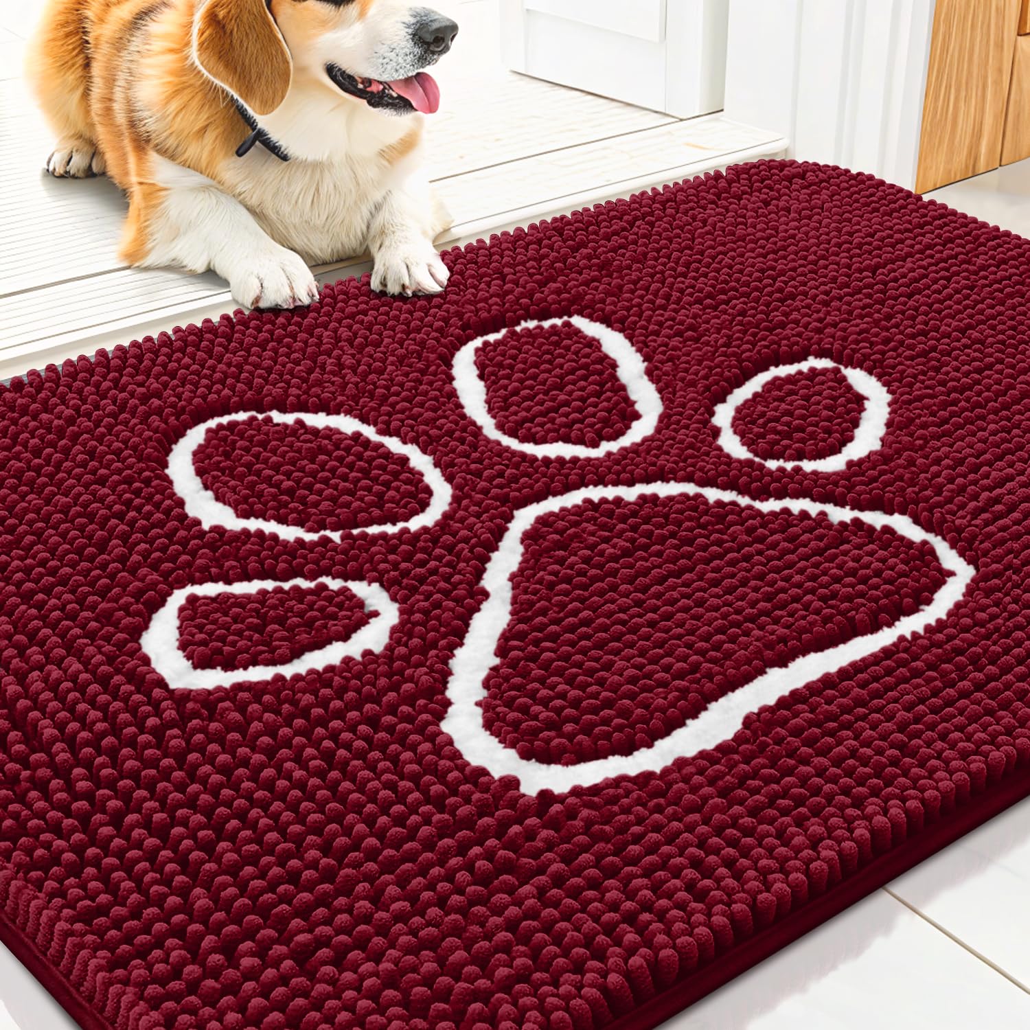 Smiry Dog Door Mat for Muddy Paws, Absorbent Dirt Trapper Non Slip Quick Dry Washable Chenille Mat for Mud Dogs, Entry Rug for I
