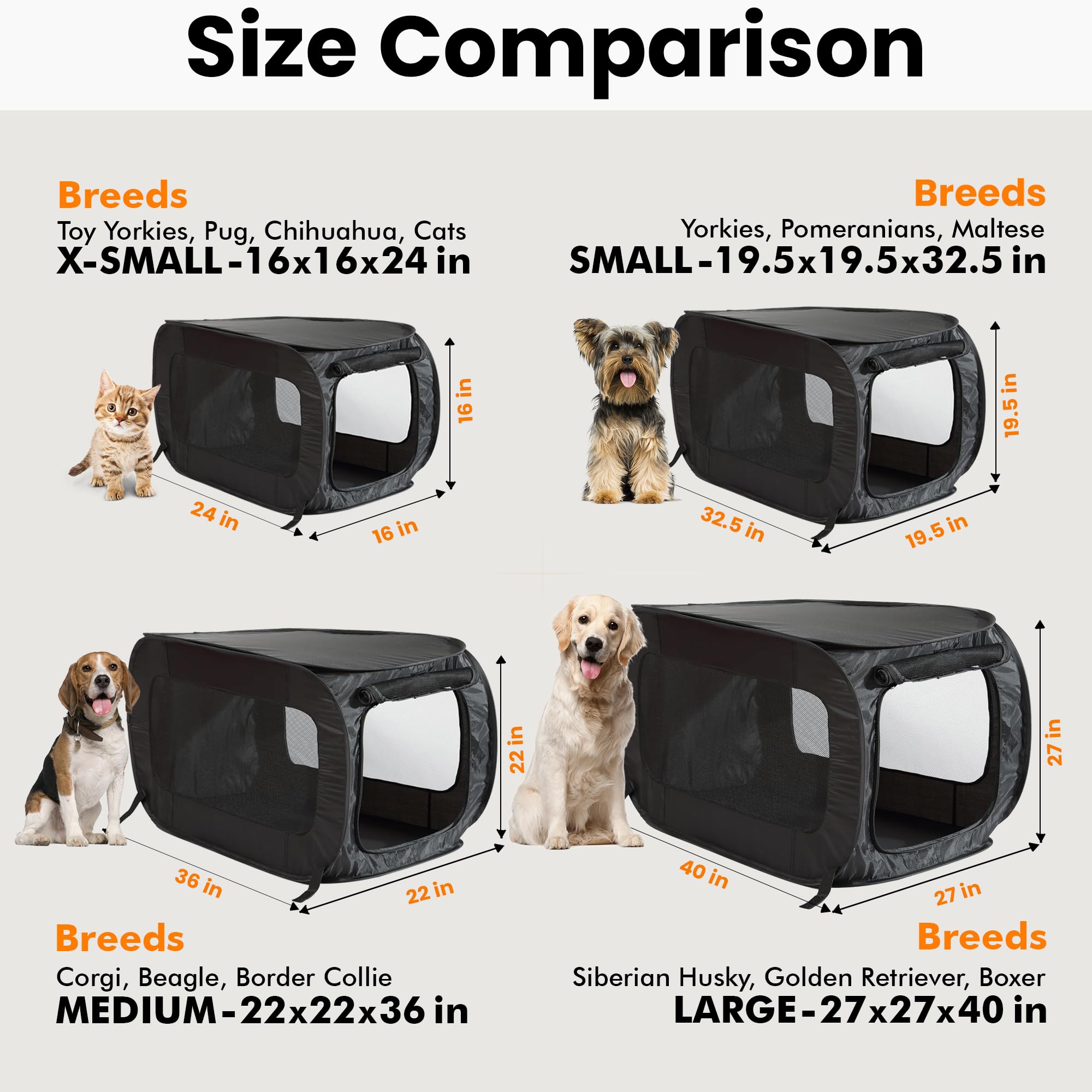 Beatrice Home Fashions Portable, Collapsible, Pop Up Kennel Travel Cat and Dog Crate, 32.5 L x 19.5 W x 19.5 H, Black