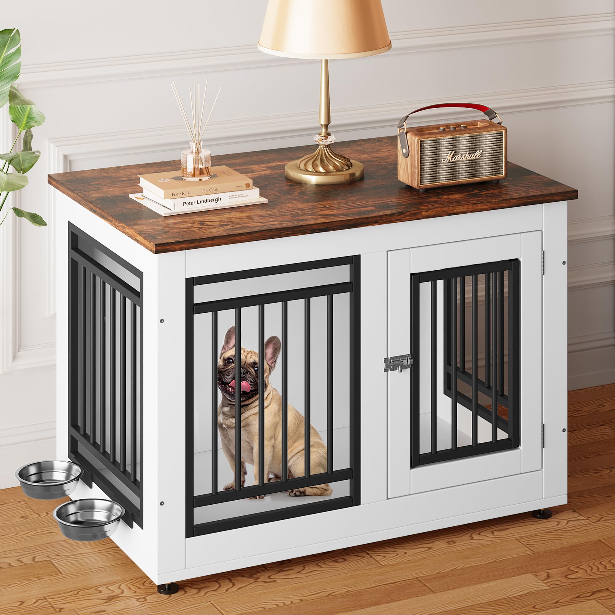 YITAHOME 35 Dog Crate Furniture, Wooden Side End Table with Adjustable Feet and Removable Bowls, Dog Kennel Indoor for Small Med